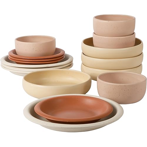 Corsica Clay 16 Piece (Service for 4) Double Plates and Bowls Stoneware Dishes Reactive Glaze Dinnerware Set - Assorted Colors