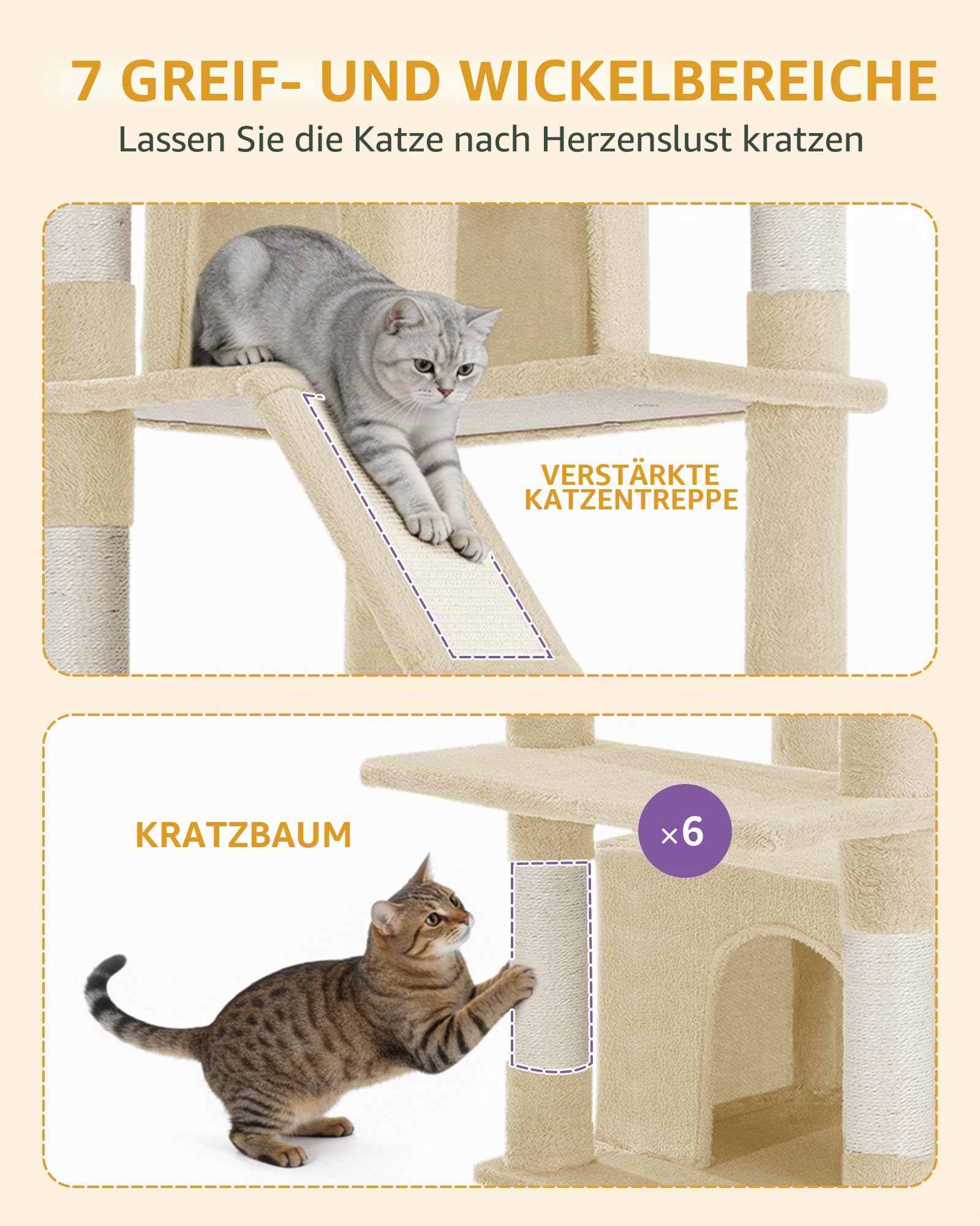 Hzuaneri Kratzbaum Groß, 183 cm Hoch, XL Katzenbaum, 2 Plattformen, 2 Höhlen, 6 Kratzstämme, Kratzbrett, Katzenkorb, Hängematte, Geeignet für Alle Katzenrassen, Maine Coon, Beige MS18318YL