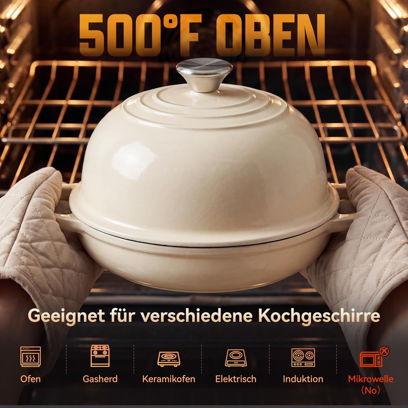 Warmiehomy Gusseisen Topf, 4.4L Emaille Brotbacktopf mit Gewölbter Deckel