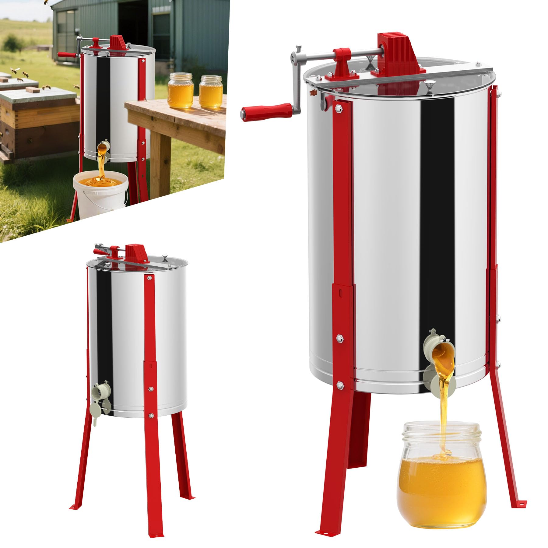 ACXIN Centrifugeuse à miel en acier inoxydable manuelle pour apiculteurs amateurs et professionnels, pieds réglables, capacité 15-20kg, accessoires pour apiculteurs, centrifugeuse à miel avec