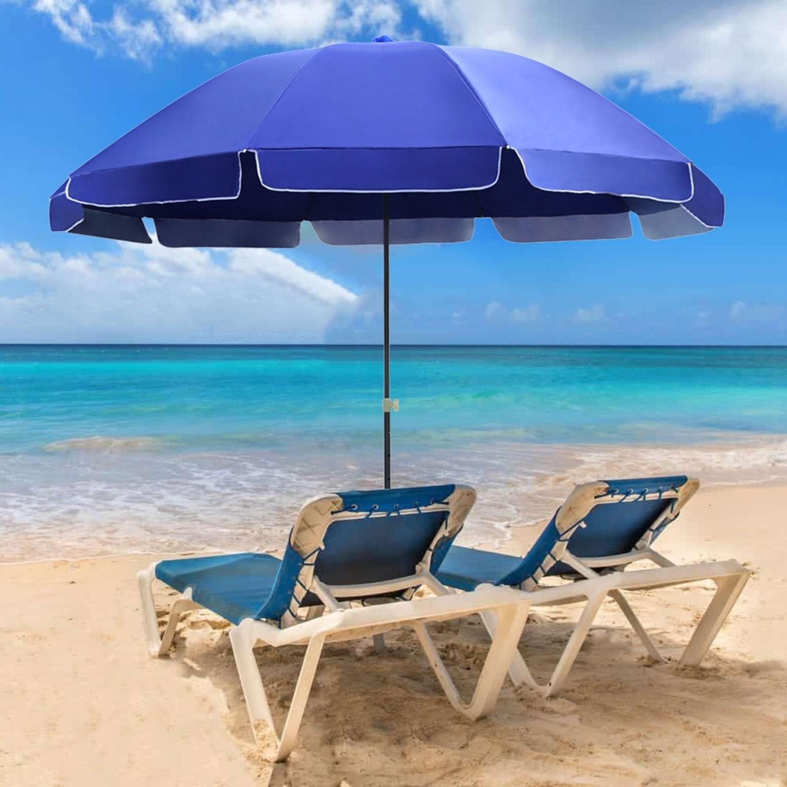Okrągły Parasol Ogrodowy 5,9/7,2/7,9 Stopy, Przenośny Parasol Tarasowy Z Regulowaną Wysokością, Parasol Plażowy Z 8 Żebrami I Czarną Powłoką,White-180cm/5.9ft