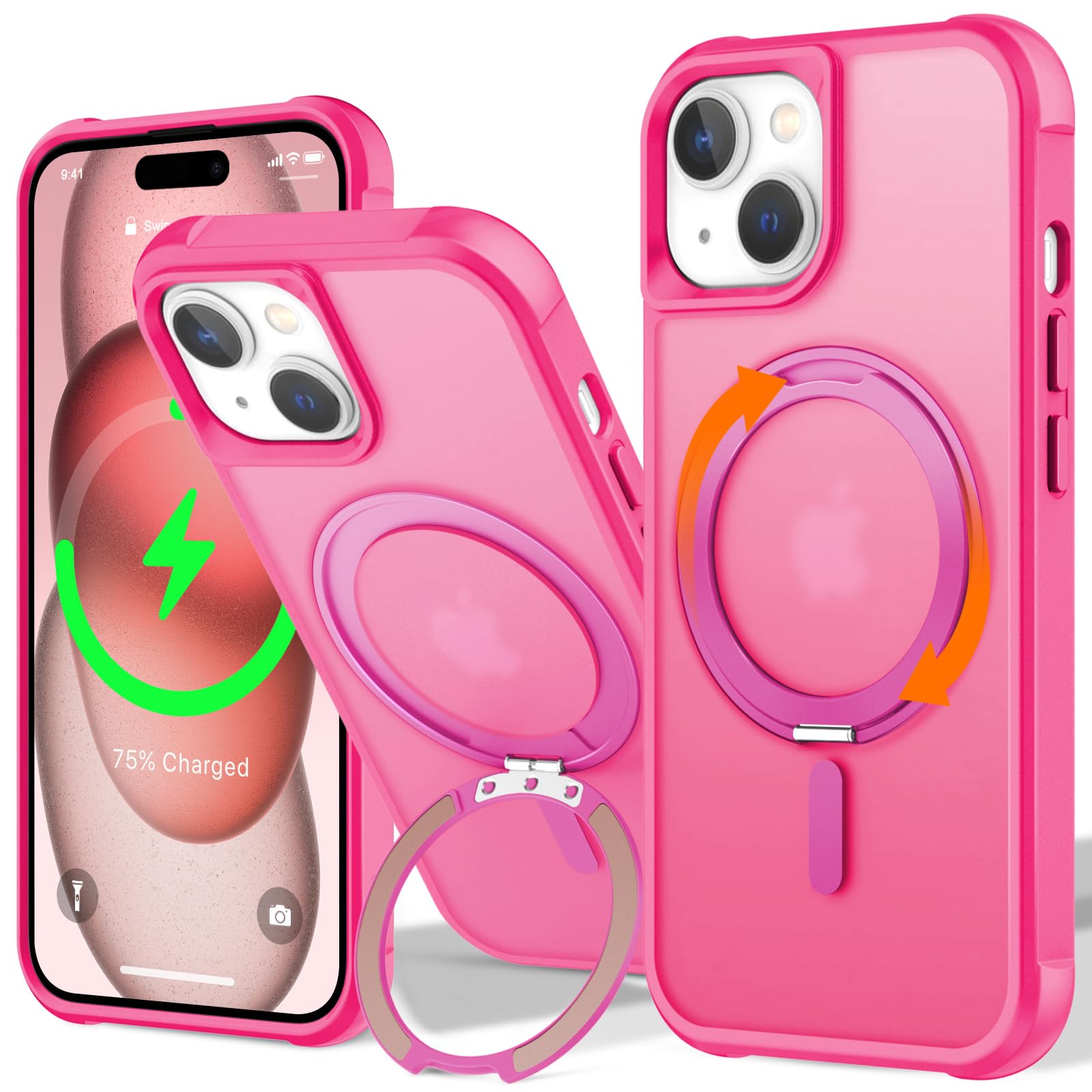 Custodia per iPhone 15 con supporto girevole a 360°, rosa
