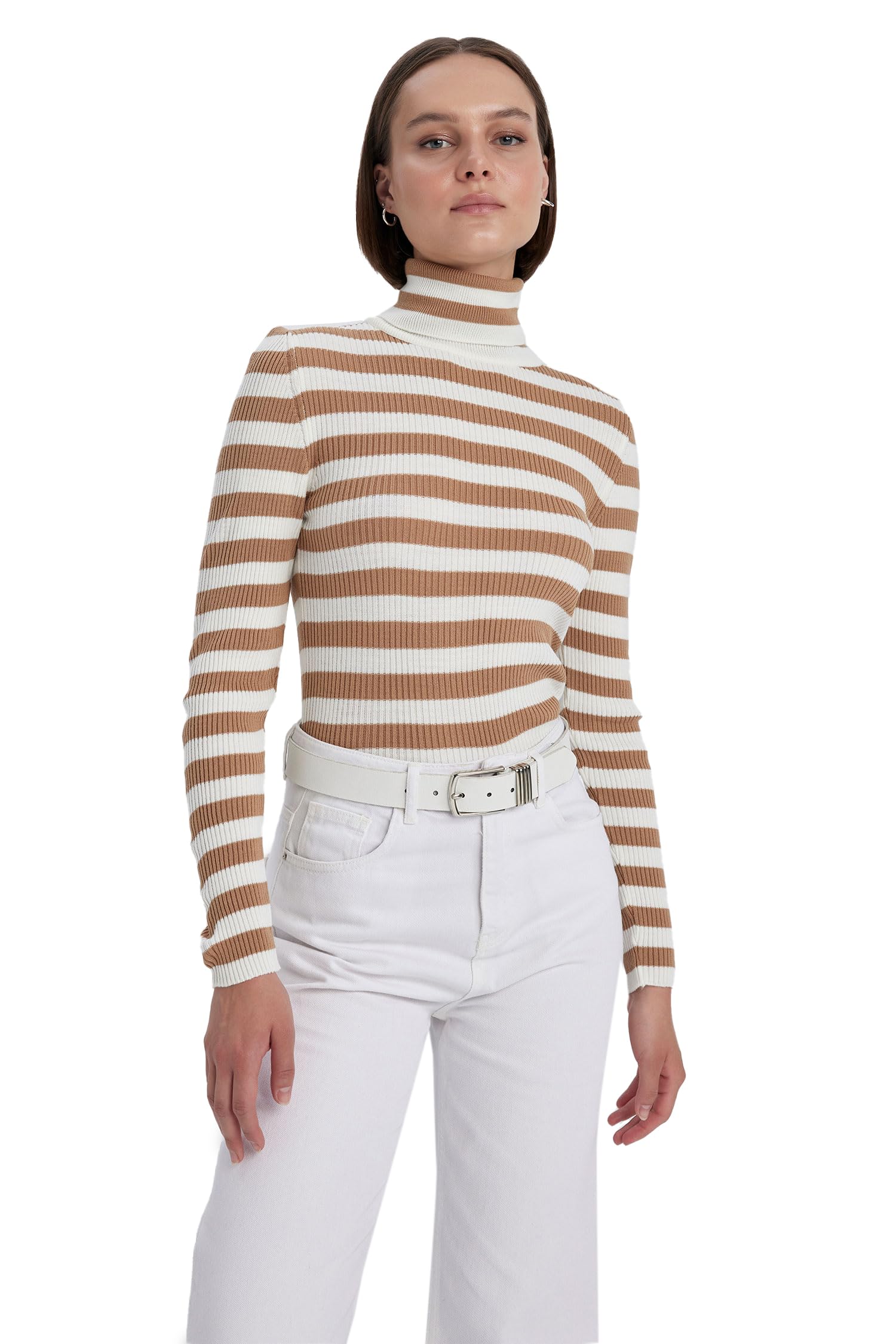 Kadın Slim Fit Çizgili Balıkçı Yaka Kazak
