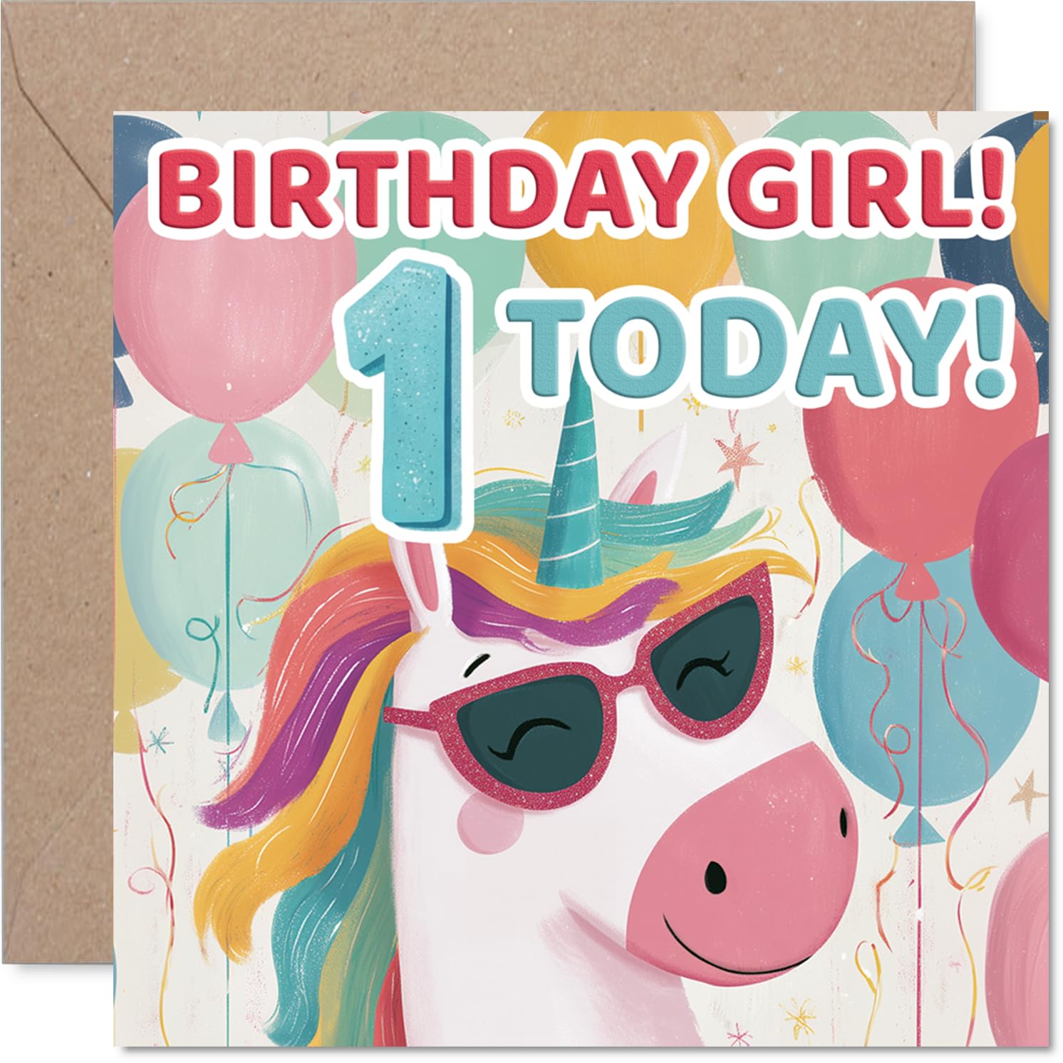 Playful 1st Birthday Card - Unicorn in Sunglasses Celebrates - Colourful Balloons and Festive Vibes - Guaranteed to Bring Birthday Giggles - 145mm Square, Envelope Included