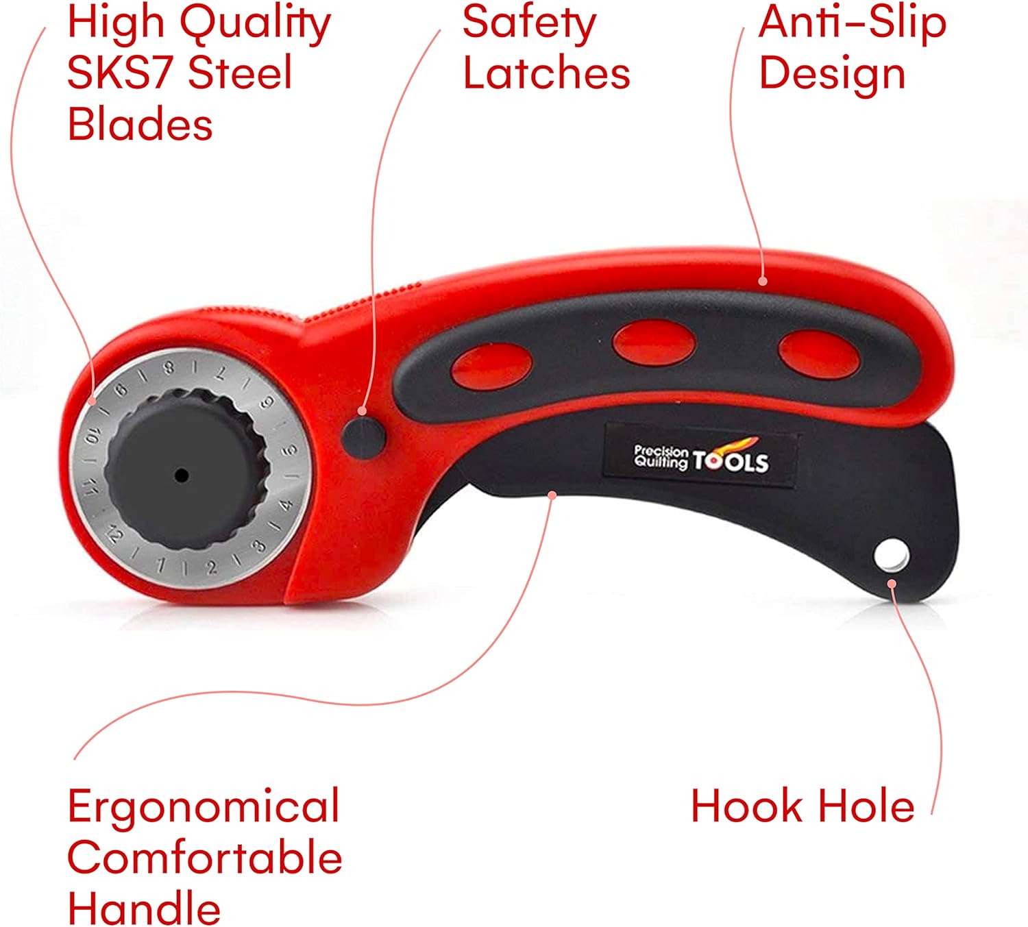 Precision Quilting Tools 45mm Deluxe Rotary Cutter with 3 Extra Blades (Red) - Fabric Cutter/Rotary Cutter for Fabric/Fabric Rotary Cutter