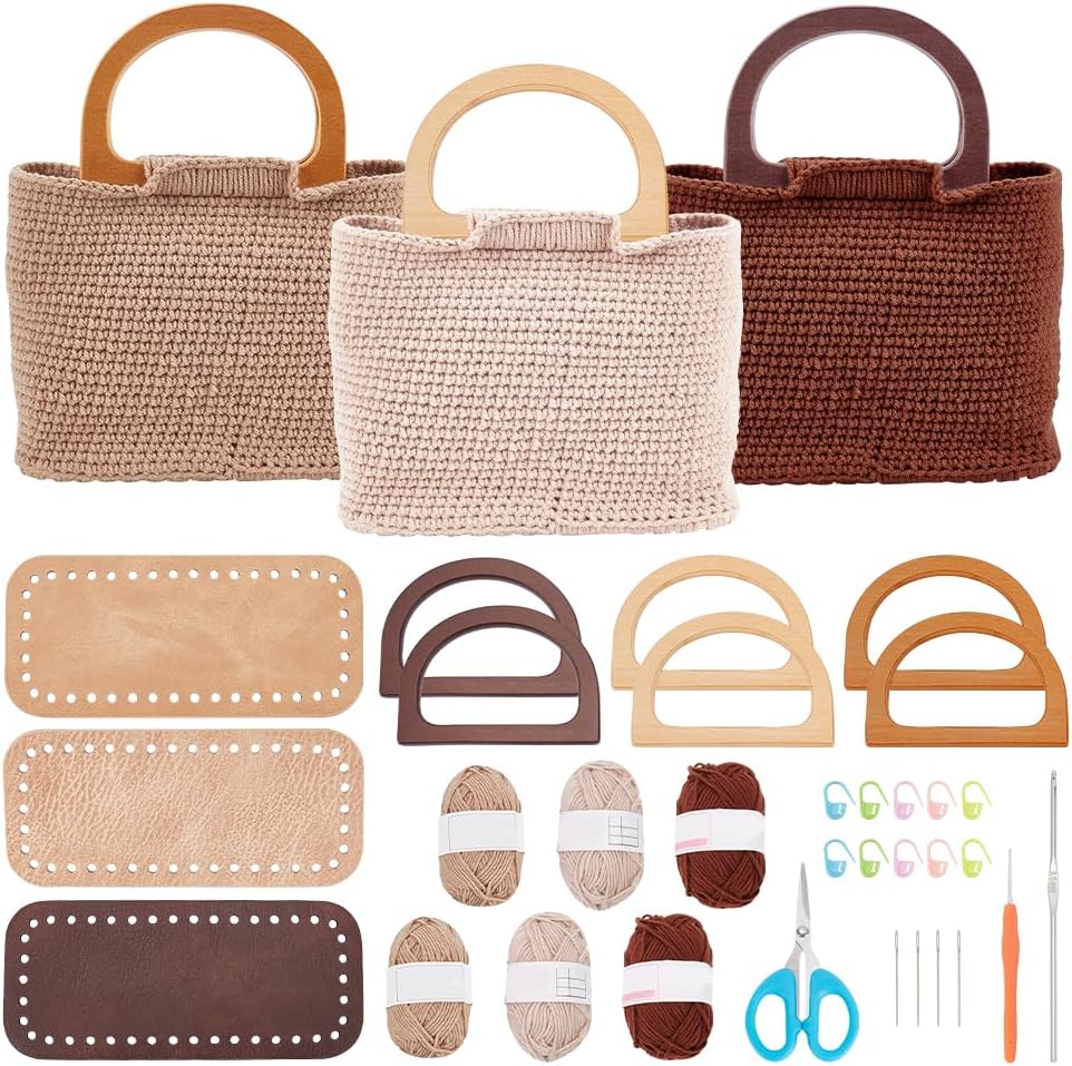FREEBLOSS 3 Set Crochet Bag Kit for Beginners 3 Colors Tote Bag Set with Step-by-Step Video Tutorials Knitting Kit Crochet Beginners Set for Adults