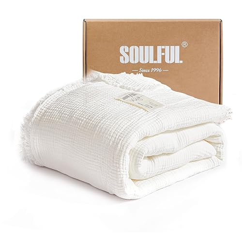 SOULFUL Muslin Throw Blanket with Tassels - Soft Queen Cotton Throw Blanket for Couch or Bed, Lightweight and Breathable Gauze for All Seasons, White, 90" x 90" - White - Queen