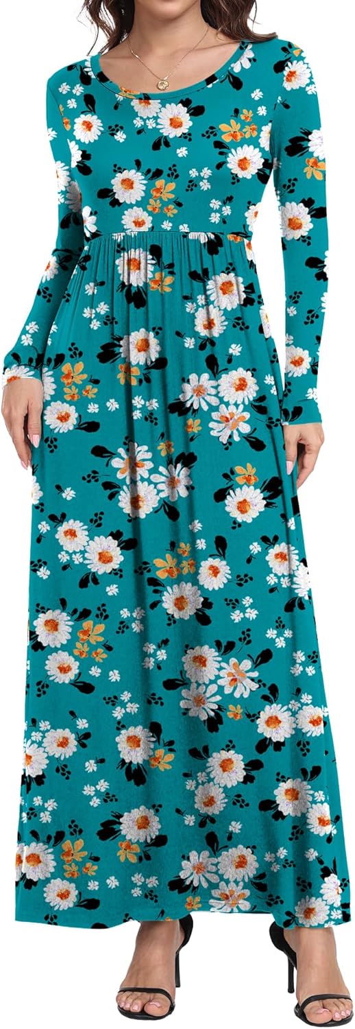 Women's Long Sleeve Long Maxi Fall Casual Dresses M Mix Blue - Image 2