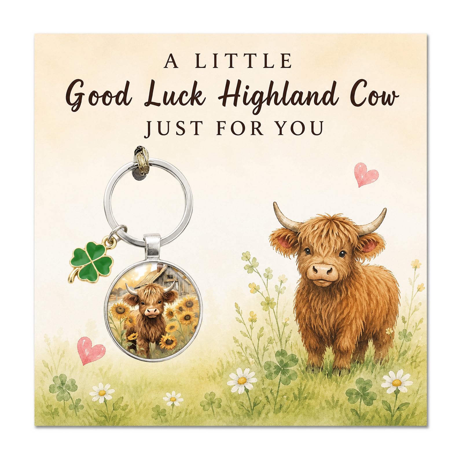 AIKOBAA Good Luck Highland Cow Keychain & Card Gift Set - A Little Good Luck Highland Cow Just For You with Four-Leaf Clover Charm, Encouragement Present for Friends, Exam Luc/k, Birthday Gift (Cow)