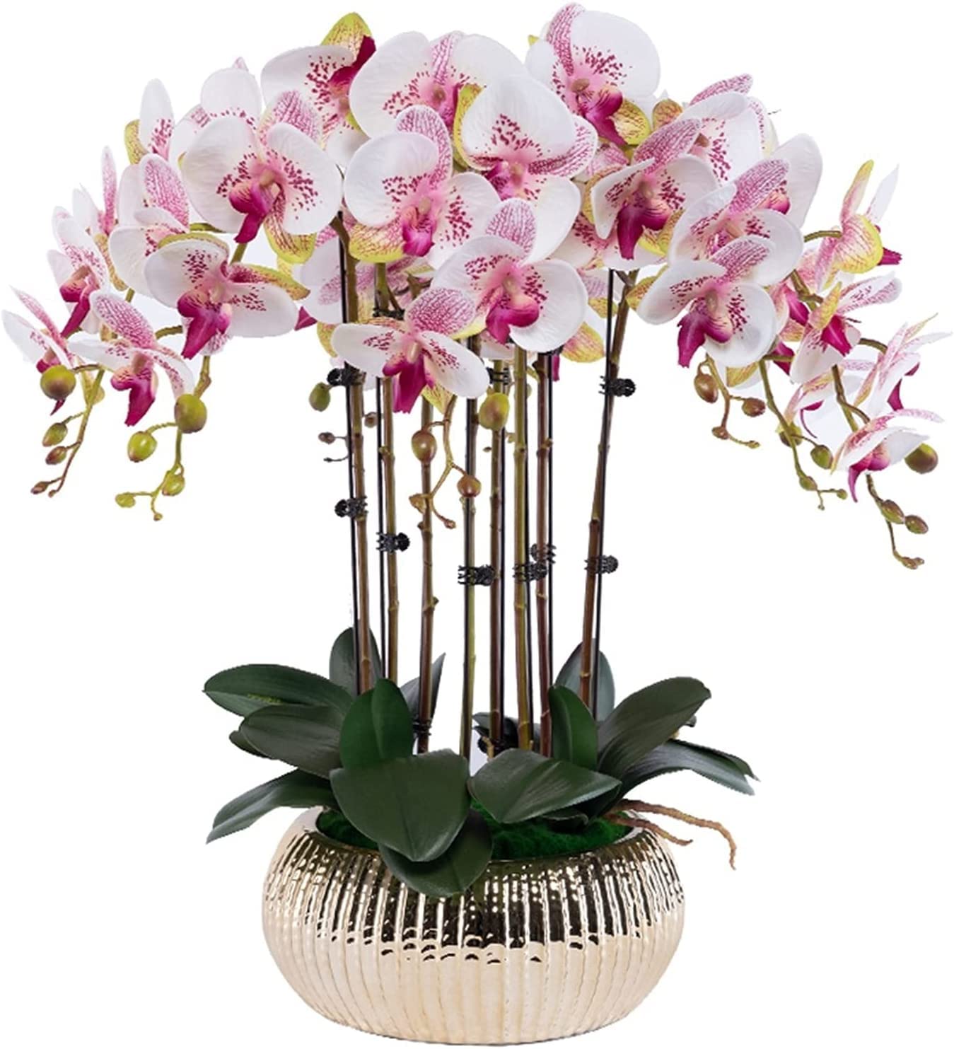 MYUYEE Artificial Flowers Potted Faux Orchids With Porcelain Vase Artificial Flowers Decor Living Room Office Artificial Phalaenopsis Flowers Lifelike(A)