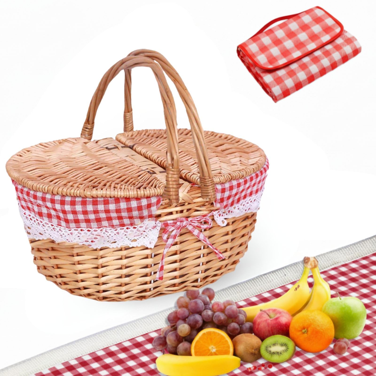 Cestino da picnic con fodera, cestino da picnic in vimini con coperchio, stile vintage, grande cestino intrecciato con doppi manici pieghevoli, per campeggio, San Valentino, ringraziamento (35 x 25 x