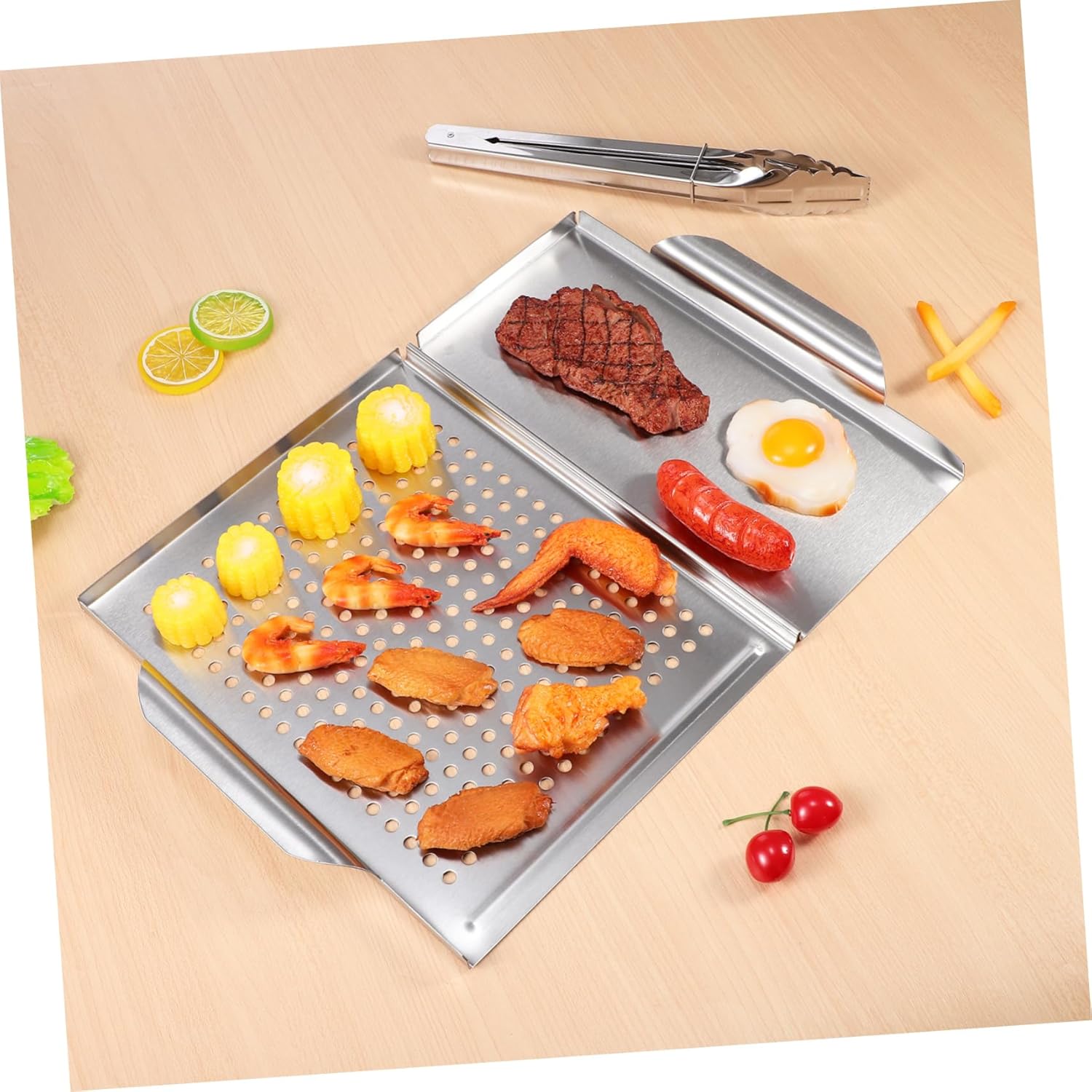 1 Set Stainless Steel BBQ Tray with Food Tongs Square Grill Pan with Handle for Even Cooking for Meat Vegetables Seafood and More Portable Outdoor Grilling Accessories