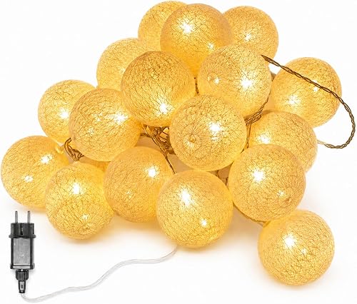 LED Lichterkette Baumwollkugeln mit Stecker, 3,8m 20er Cotton Ball Lichterketten Kugeln Nachtlicht für Weihnachten, Hochzeit, Party, Zimmer, Wohnheim, Innen Deko.