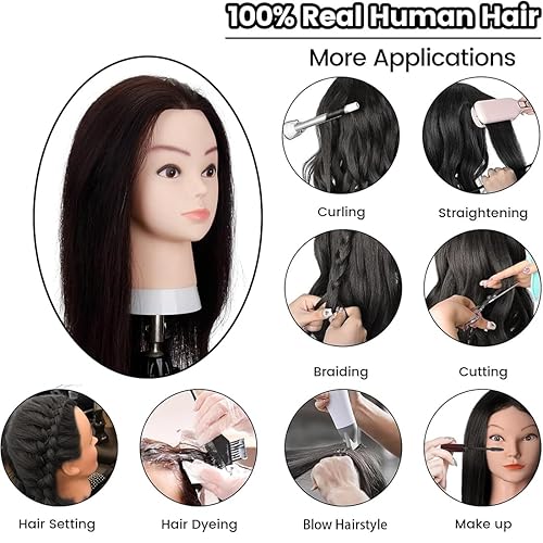 Miniatura 4 de Cabeza de maniquí de cabello humano para entrenamiento, cabeza de maniquí de cosmetología, cabeza de maniquí para trenzar peluca, soporte de cabeza