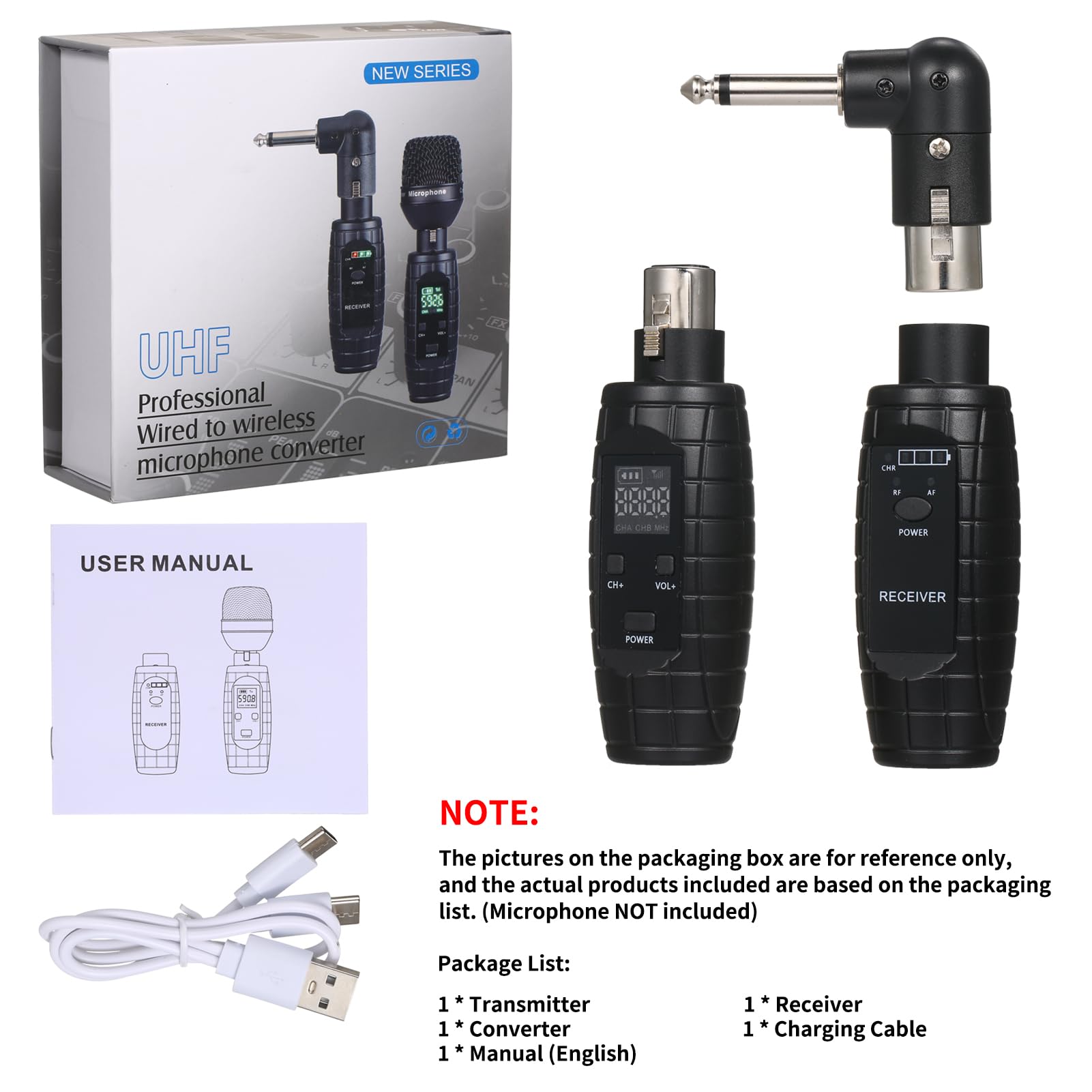 Convertitore da microfono UHF professionale cablato a wireless Trasmettitore e ricevitore per microfono 571~598 MHz Trasmissione in ricezione compatibile con microfono dinamico/a condensatore con
