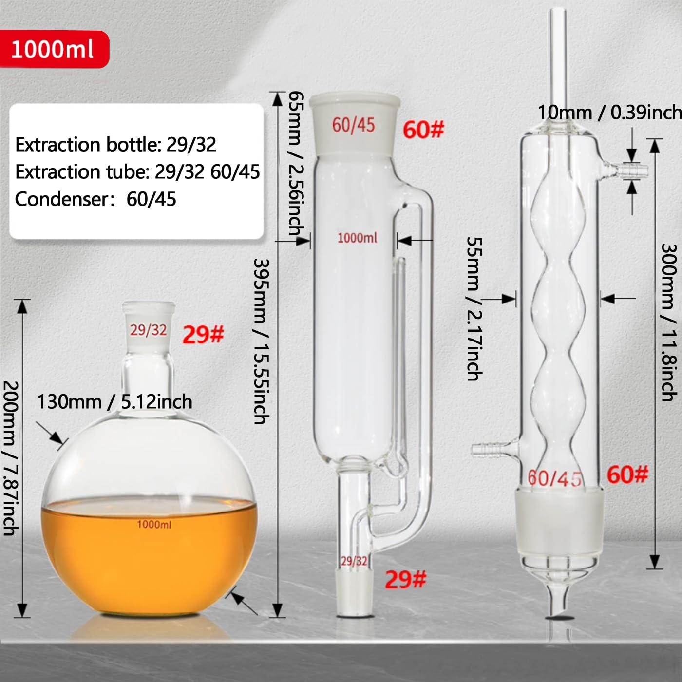 Borosilikatglas Soxhlet Typ Extraktion Apparat Labor Glaswaren Kit Soxhlet Extraktor mit Kondensator und Flachbodenkolben für Labormaßstab Reflux, pflanzliche botanische Extraktion (1000ml)