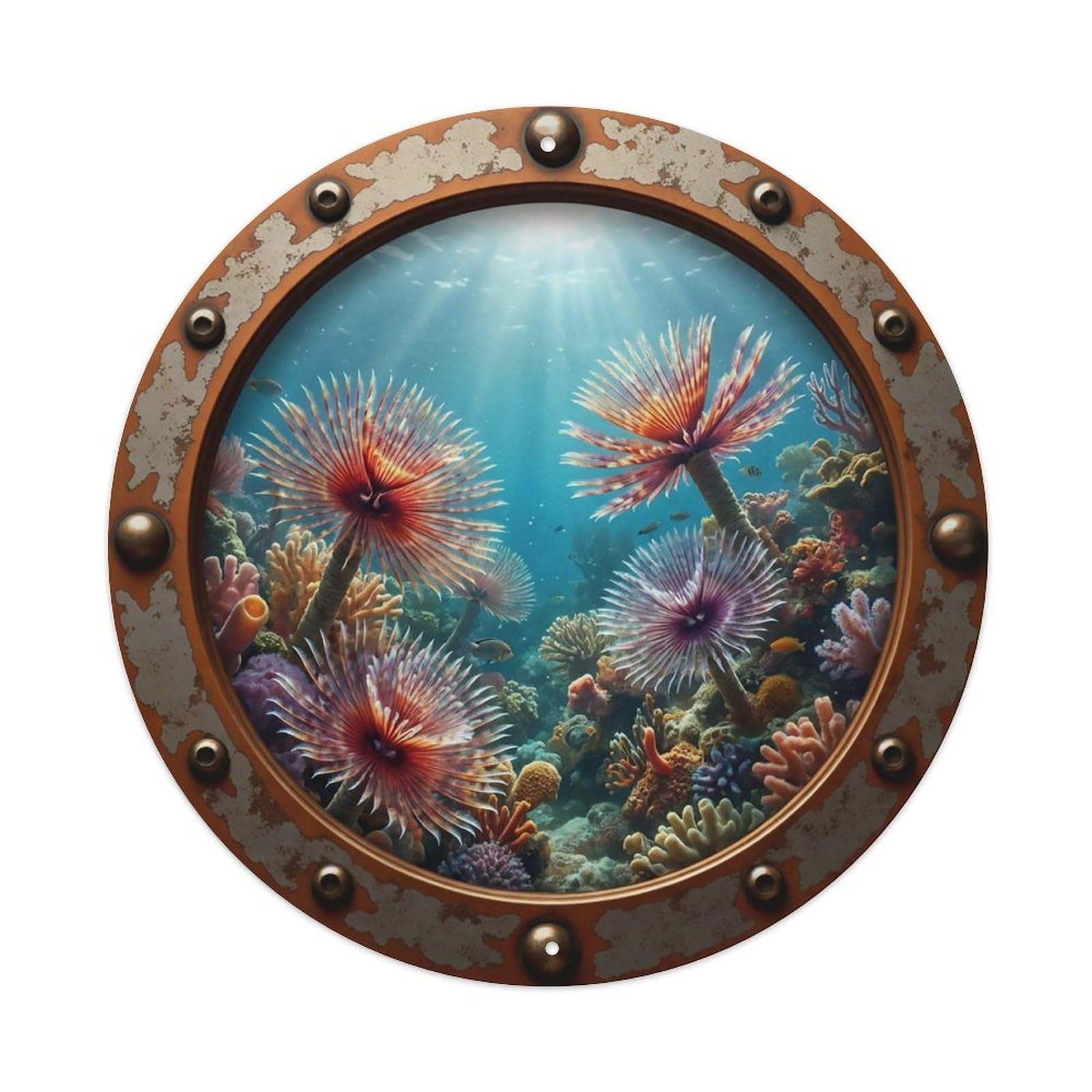 Odgynaw 8X8inch(20X20cm) Vintage Porthole Fanworm Nautical Window View Metal Tin Sign