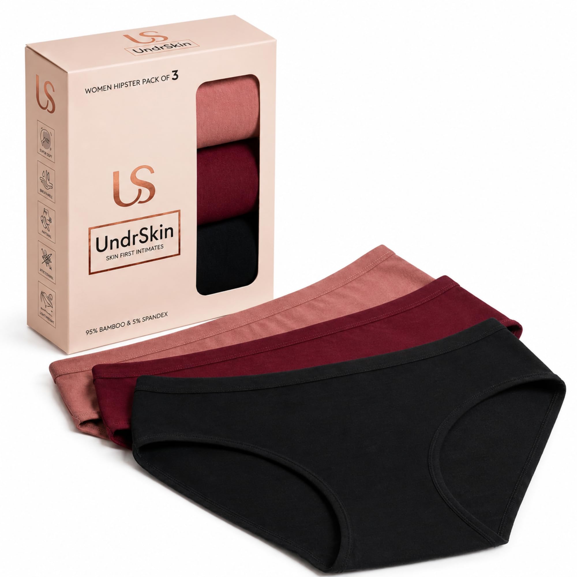 undrskin Women’s Luxury Bamboo Hipster Panty | 95% Bamboo Fabric | Soft & Breathable Skin-Friendly Innerwear | Anti-Microbial Moisture-Wicking | Shades Trio 2 | Pack of 3 (Solids)-picture-12