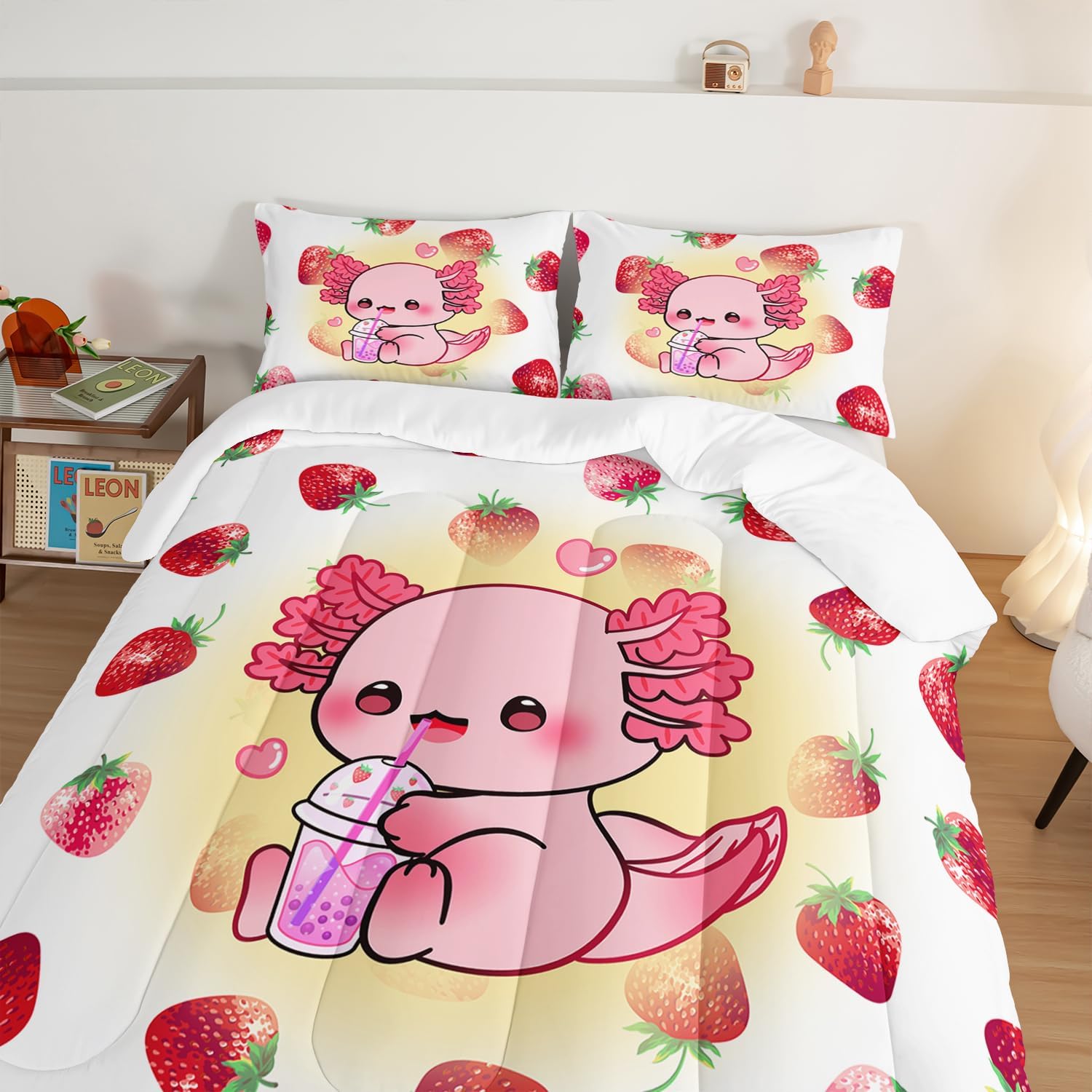 HOSIMA Pink Kawaii Axolotl Bedding Comforter Set for Kids,Cartoon Strawberry Milk Tea Print Queen Size Comforter Set Bedroom Decoration for Children Girl with 2 Pillowcases.