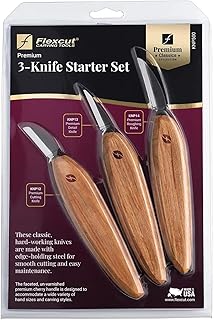 Flexcut Premium Series Wood Carving Tool Set, 3-Knife Starter Kit with Cutting, Detail, and Roughing Knives, Ergonomic Cherry Wood Handles, USA Made