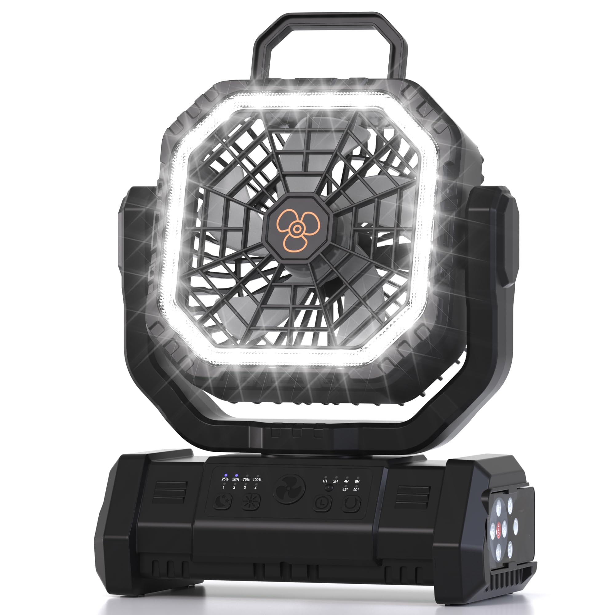 Ventilatore portatile ricaricabile, 20000 mAh, senza fili, alimentato a batteria, con luce LED e telecomando, 4 velocità di vento, timer, USB C, gancio per appendere a 360°, ventole oscillanti per