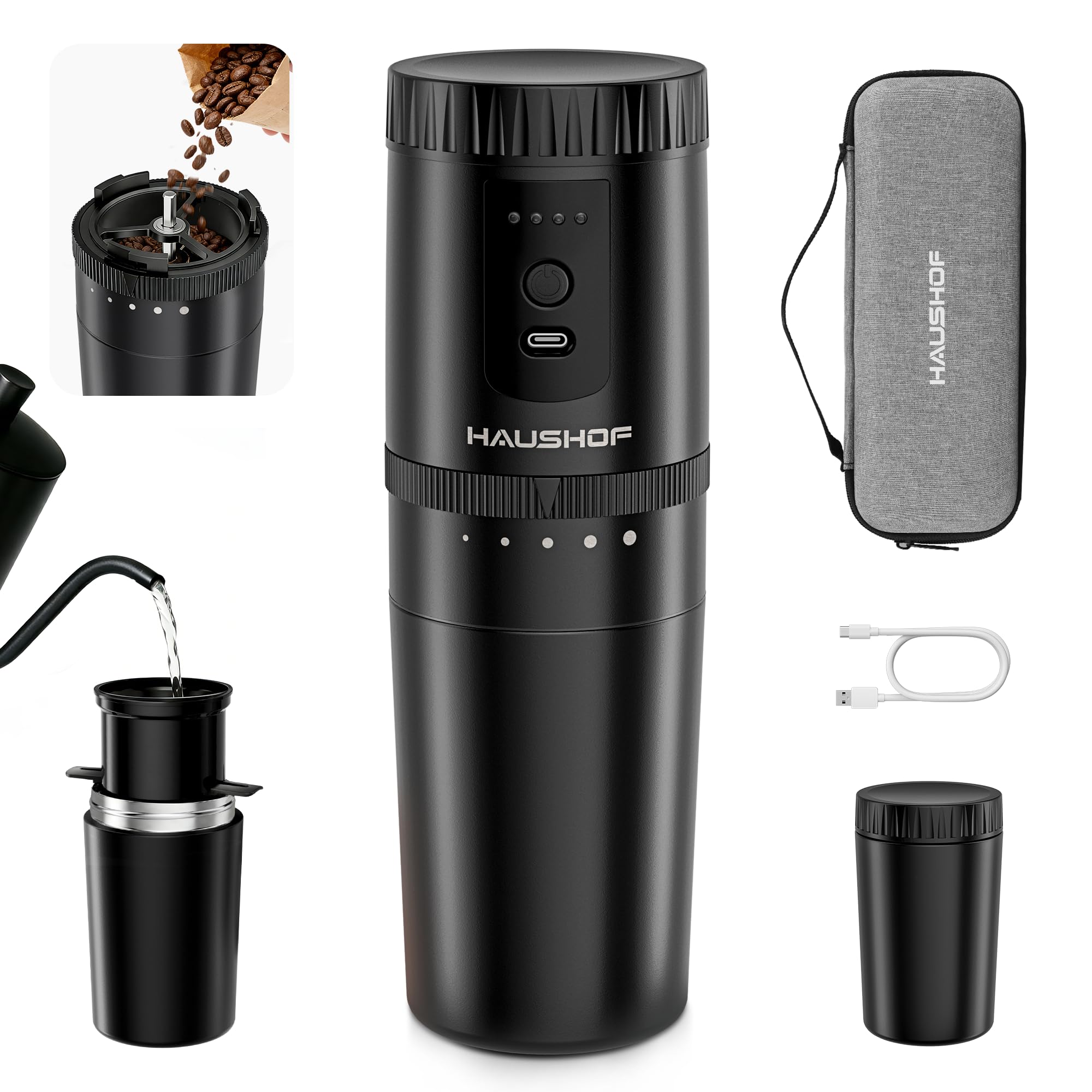 HAUSHOF Przenośny ekspres do kawy All-In-One z wbudowanym młynkiem, 5 ustawień mielenia, ładowany przez USB-C, izolowany kubek 300 ml, idealny do podróży i campingu, czarny
