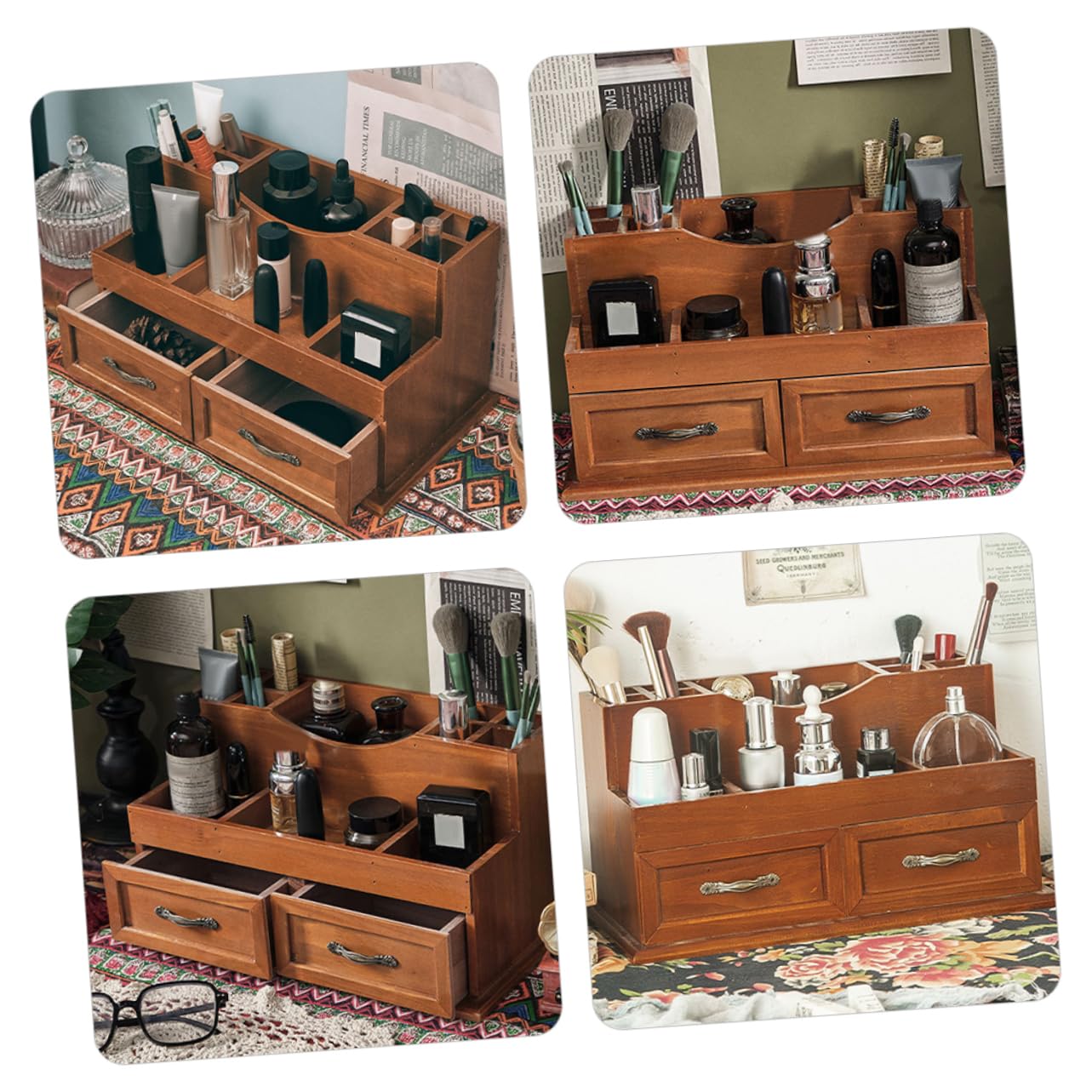 Organizer Scrivania in Legno Vintage Per Cosmetici e Contenitore a Cassetto Multifunzionale 2 Griglie Per Camera Letto e Ufficio
