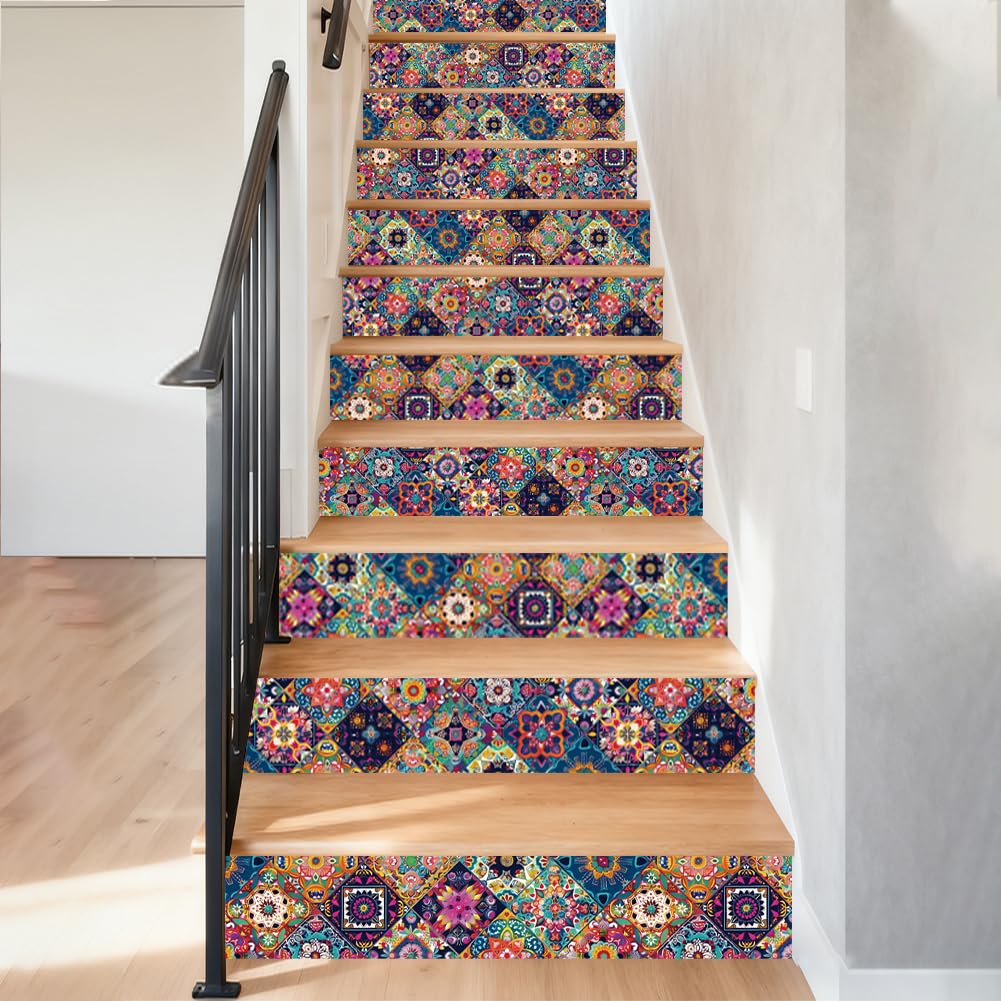 Photo 1 of Hobbspring 15Pcs Diamond Stitch Staircase Stickers Vintage Rectangle Smooth Stair Riser Decals 39.3" W x 7.08" H Water Proof PVC Plastic Staircase Decor for Steps Coffee Shops Kitchen Home Wall Decor
