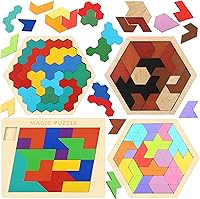 Vista 1 de Paquete de 4 bloques de madera rompecabezas hexagonal geométrico Tangram rompecabezas con forma de bloque de cerebro Teaser juguete ruso lógica IQ