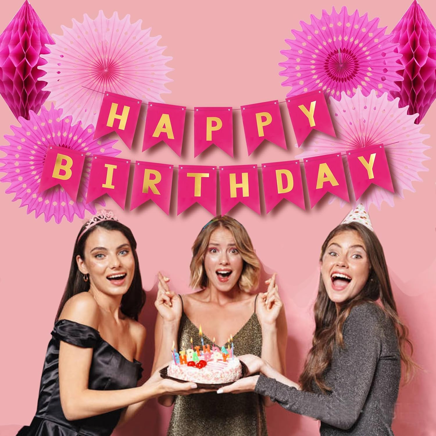 ELOPELY Birthday Party Decoration, Tissue Pom Pom Paper Fan Diamond Shaped Honeycomb Ball Happy Birthday Banner Decorations for Women Men Girls Boy (Pink, Rose Red)
