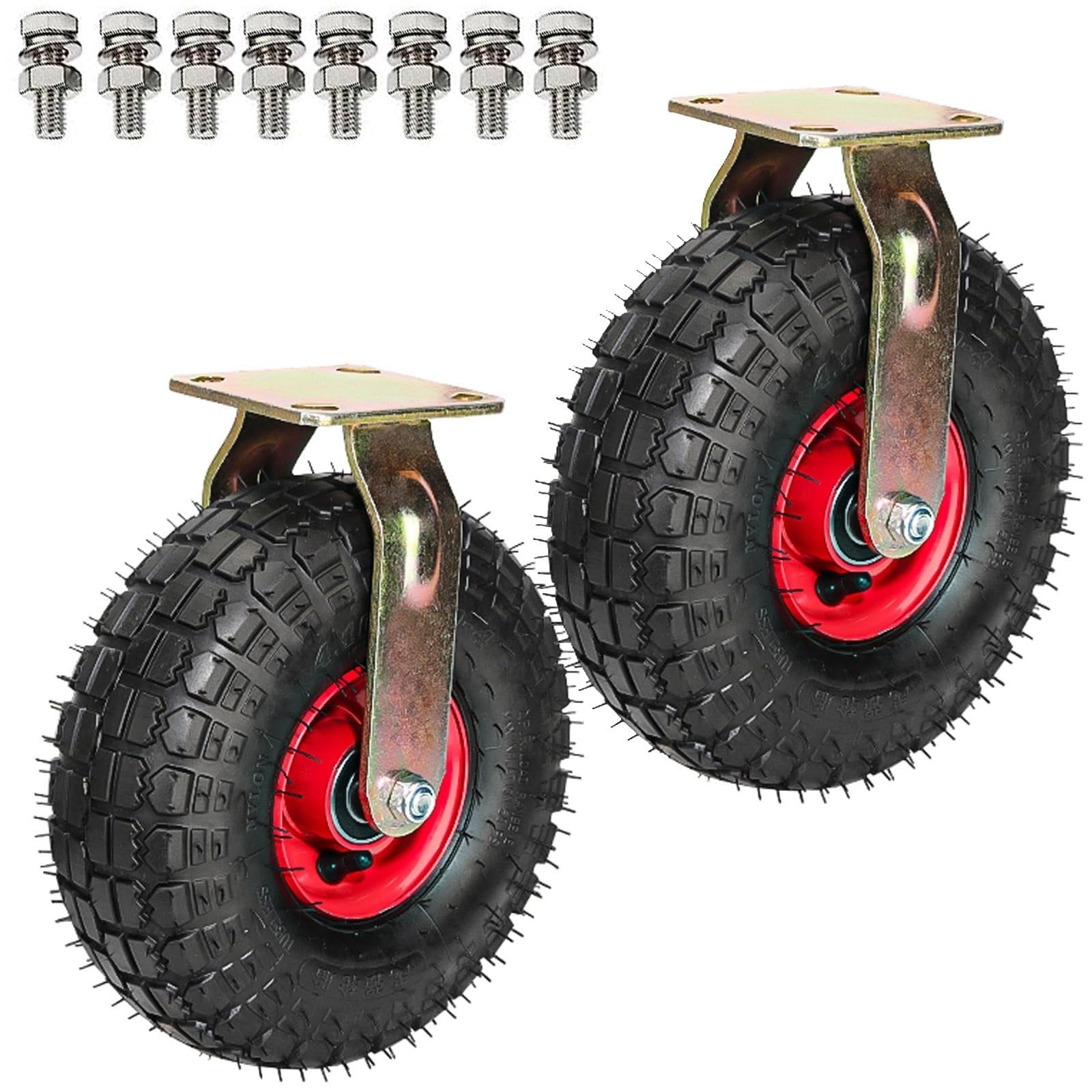 ZGUOUZANTYE 2 Industrial Swivel Casters Rubber Trolley Wheels Large Flat Pneumatic Caster With Screws Shock Absorption No Noise(Fixed,200mm/8in)