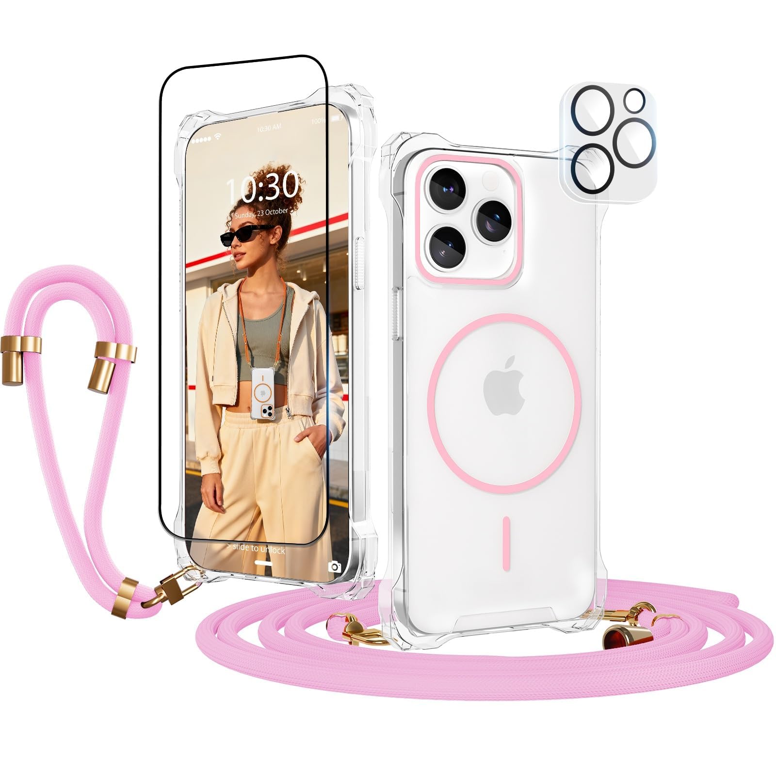 GUtttGU Handyband Abnehmbar für iPhone 14 Pro Hülle mit Band, Rosa Langes Band zum Umhängen & Kurzkordel für Handgelenk, Transparent Handyhülle Kompatibel mit Magsafe + Schutzfolie + Kameraschutz