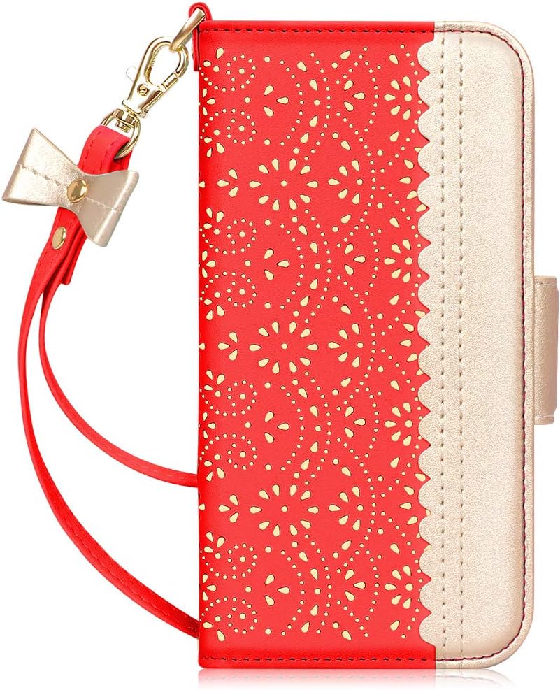 WWW Wallet Case Compatible with iPhone 12 Pro Max (6.7" 2020),[Luxurious Romantic Carved Flower] Leather Wallet Case with [Makeup Mirror] [Card Holder] and [Kickstand Feature] Red