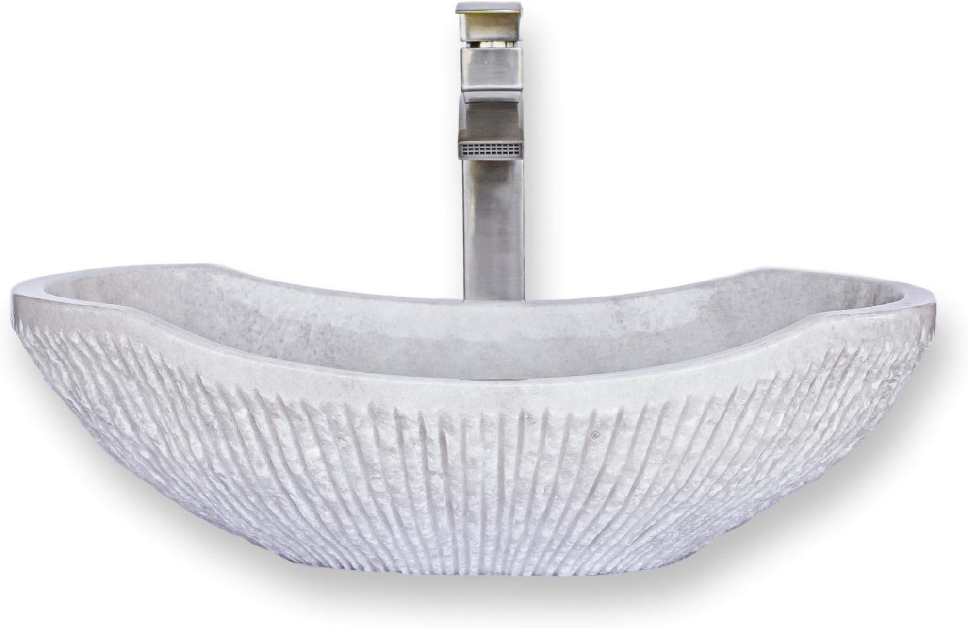 Chiseled Marble Bathroom Vessel Sink, Oval Canoe Shape, 100% Natural Stone, Hand Carved, Free Matching Soap Tray