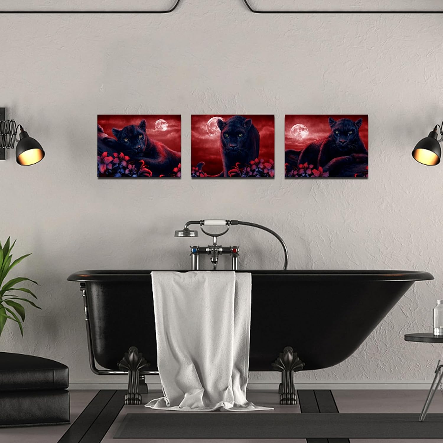 sechars 3 Pieces Panther Canvas Wall Art Black and White Animal and Full Moon Painting Picture Print Modern Wildlife Leopard Artwork for Living Room Bedroom Office Decor Ready to Hang (Red, Small)