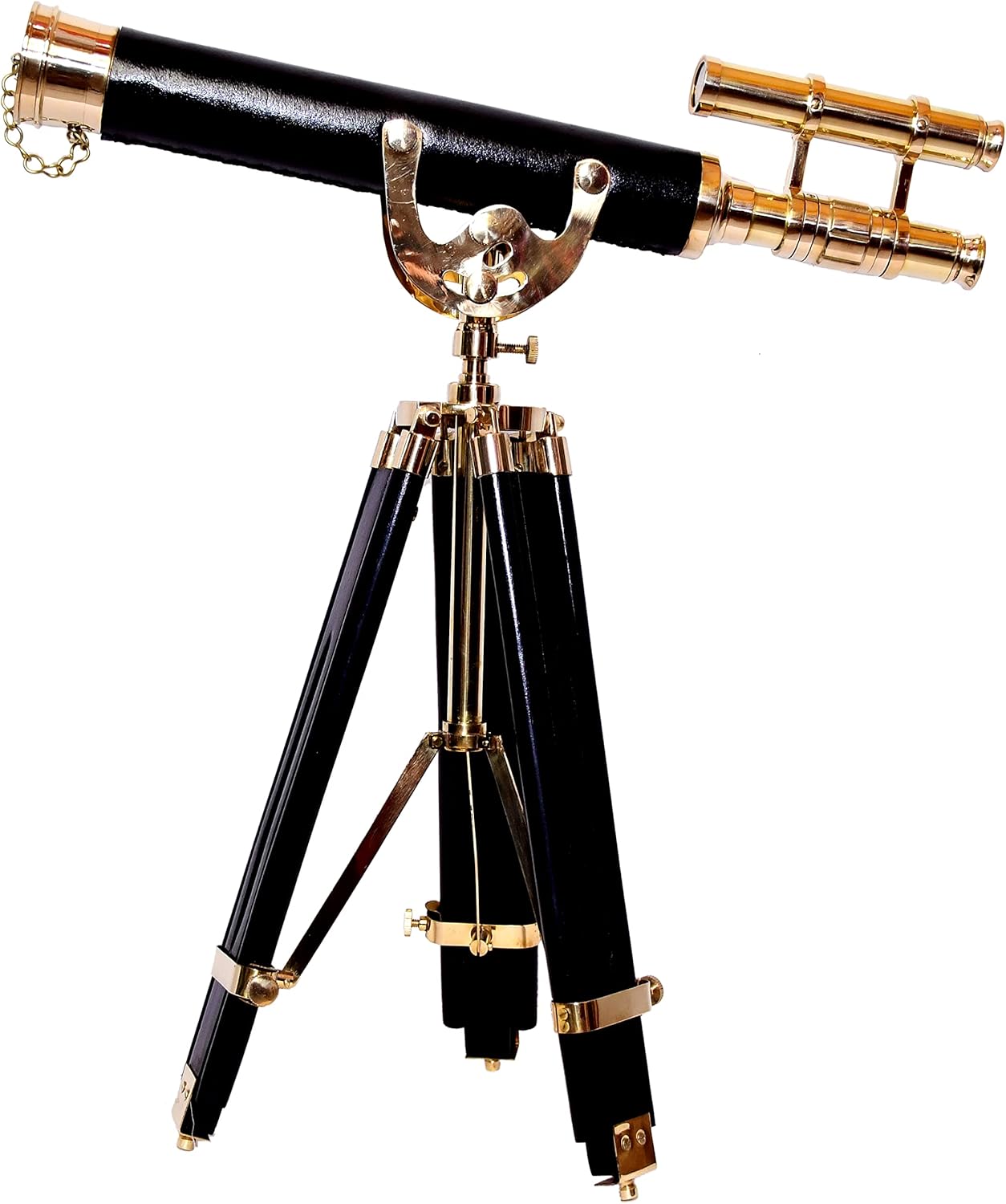 Nautical Desktop Standing Brass/Leather Telescope Anchor-Master Decorative Home Decor, Black & Brass Finish