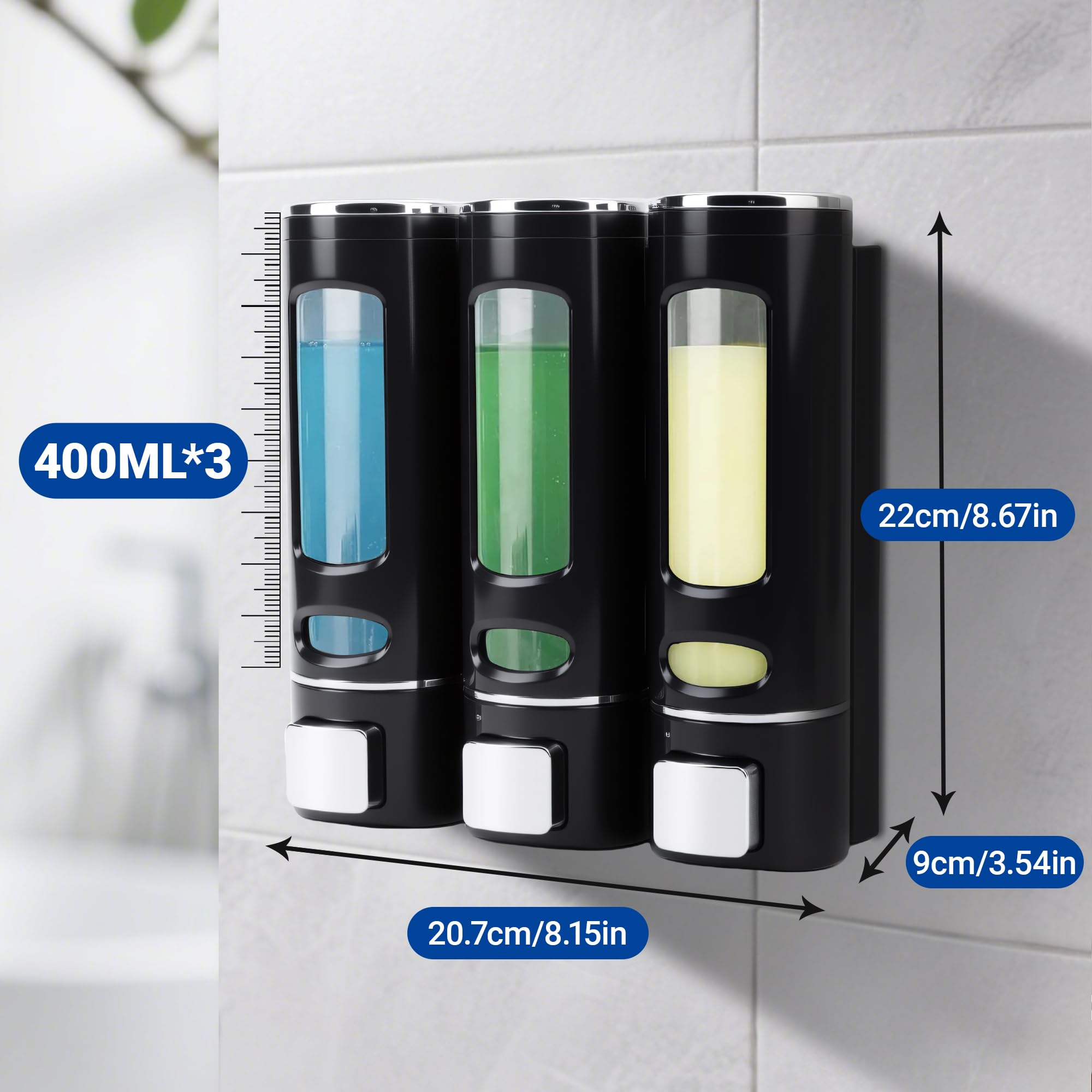 Distributeur Savon Mural, Distributeur Gel Douche, Distributeur Triple de Shampoing et Après-shampoing sans Perçage ABS pour Salle de Bain Hôtel Cuisine Marché Restaurant 400ML*3(Noir)