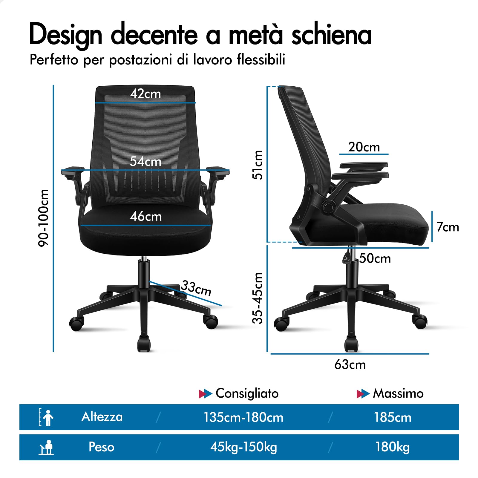 ALFORDSON Sedia Ufficio con Braccioli Pieghevoli de Case Nera | Poltrona Scrivania Girevoli in Rete Serie CONRAD, Funzione di Inclinazione, Portata 150 kg, Altezza regolabile