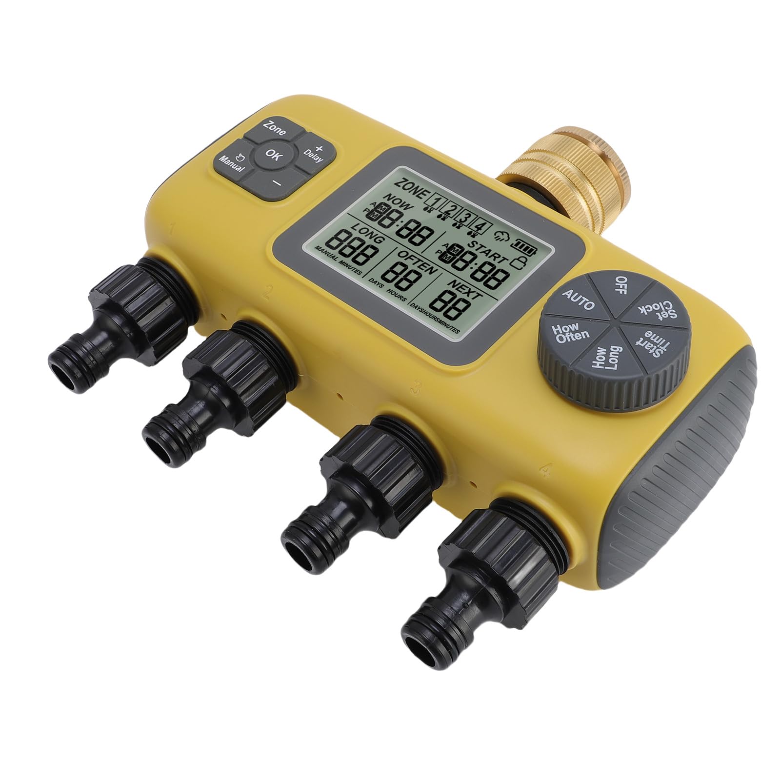 Bewinner Timer per Irrigazione a 4 Zone, Timer per Irrigazione Programmabile Indipendente con Ingresso in Ottone da 3/4 Pollici, per da Esterno Impermeabile IPX5 con Ritardo Pioggia e Blocco Bambini