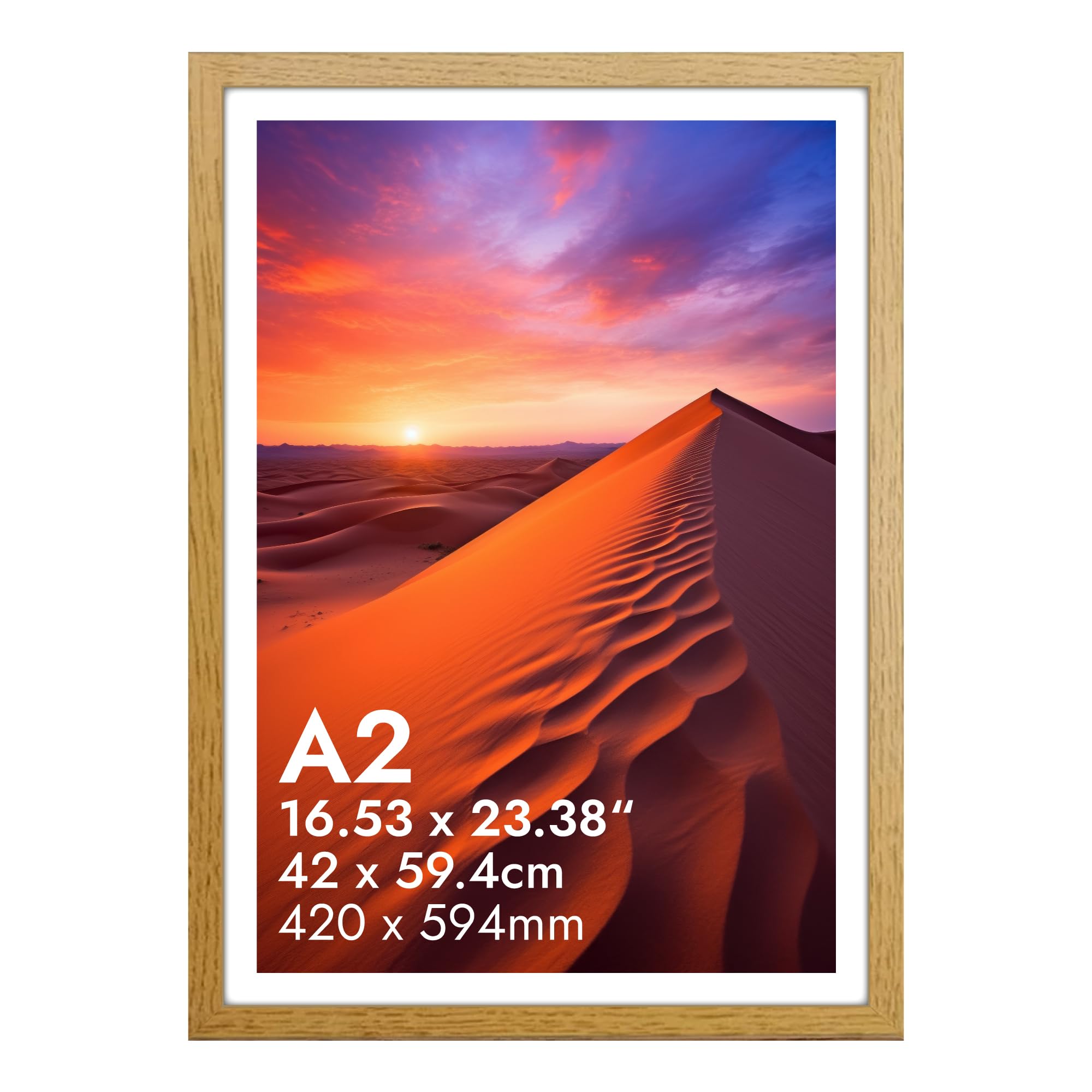 HNK A2 Photo Frame Engineered Wood and Plexiglass, A2 Frame Oak (42x59.40cm) Dual Orientation Landscape or Portrait, A2 Picture Frames Wall Hanging Display Photos, Posters for Home, Office