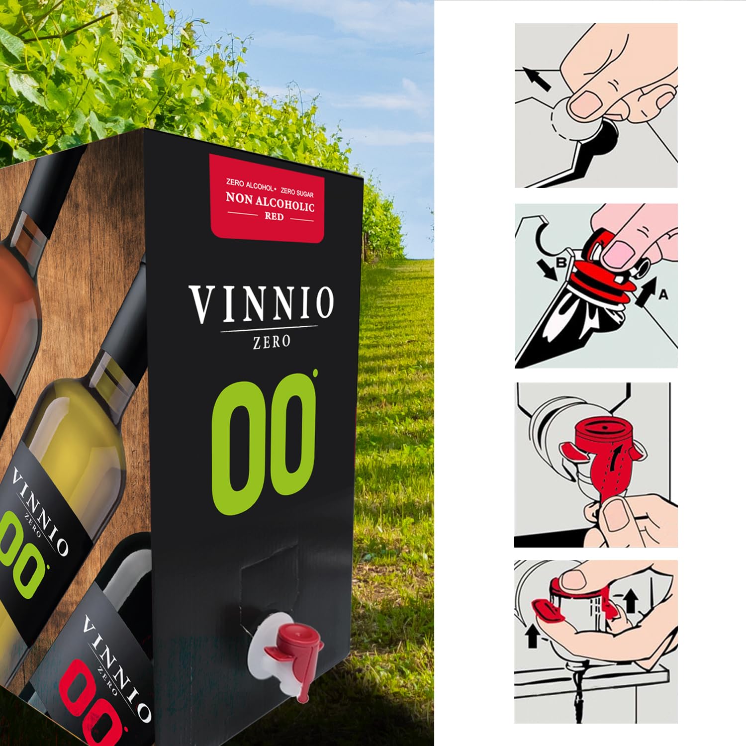 VINNIO – Vino rosso analcolico 0,0 Premium | Bag in Box da 10L (Equivale a oltre 13 bottiglie da 750 ml) | Formato risparmio con rubinetto (Senza zucchero, a basso contenuto calorico)