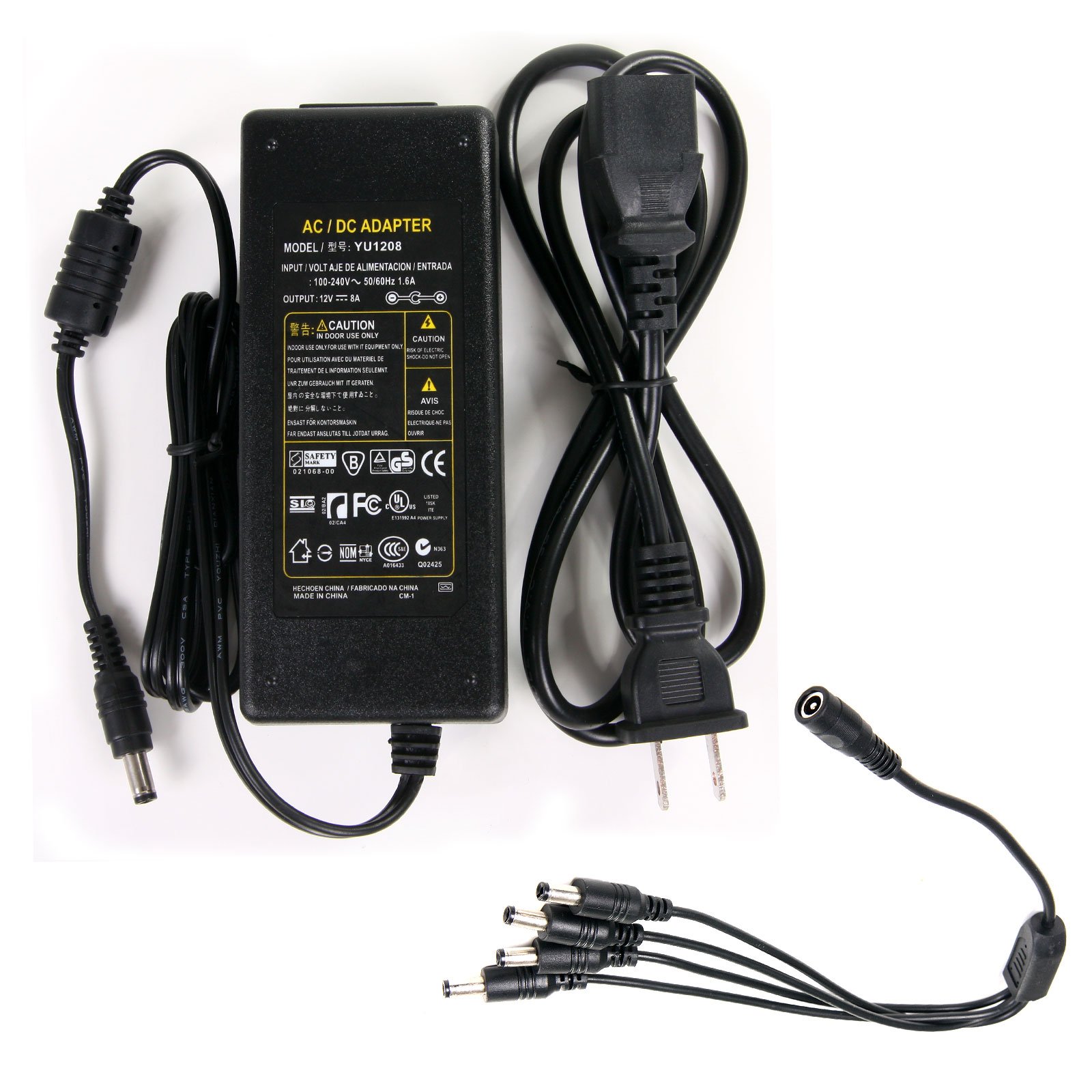 verbyview image showing the AC power supply, AC power cord, and 4-port DC splitter cable with a close-up of the 2.1mm DC connector.