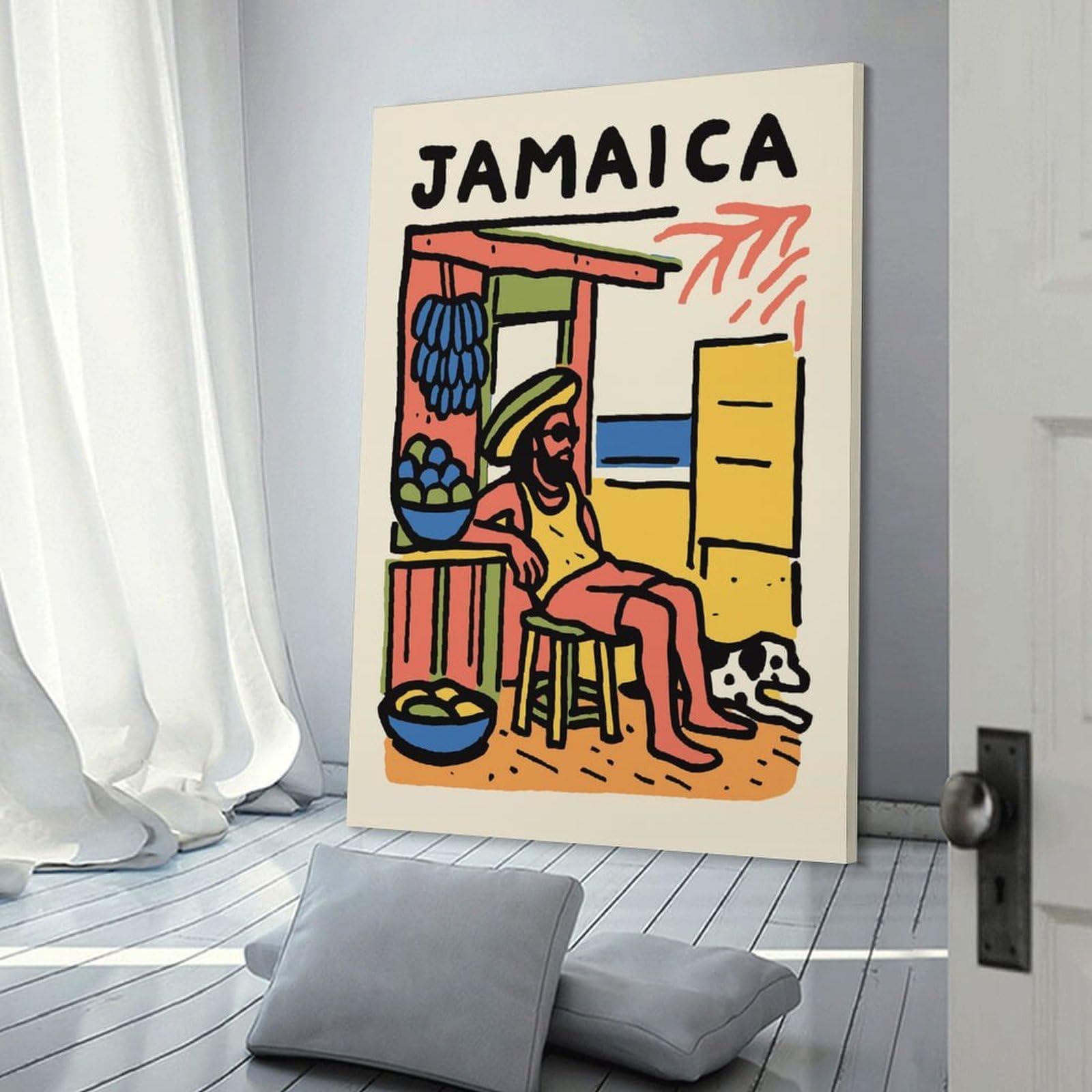 Junmoney Wall Picture Print Jamaica Illustration with Man And Dog, 20x30inch(50x75cm), for Wall Displays, Bedrooms Or Room Updates, Wall Decor Suited to Curated Displays