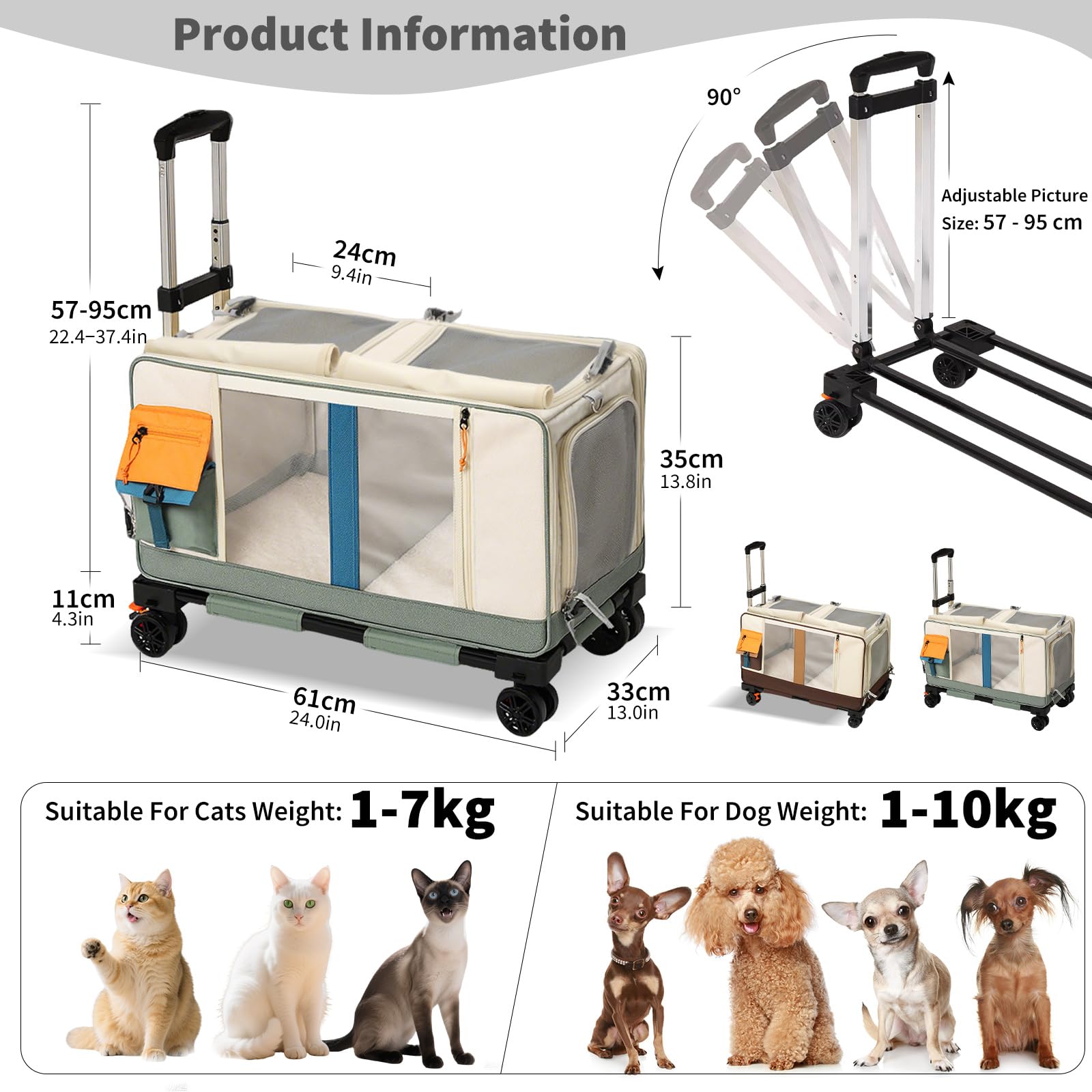 PETCUTE Transportín Doble para 2 Gatos con Ruedas,Transportador Rodante para Mascotas con Base Extraíble y Correas de Seguridad,Plegable Bolsa de Transporte para 2 Gatos Pequeños Perros Conejos