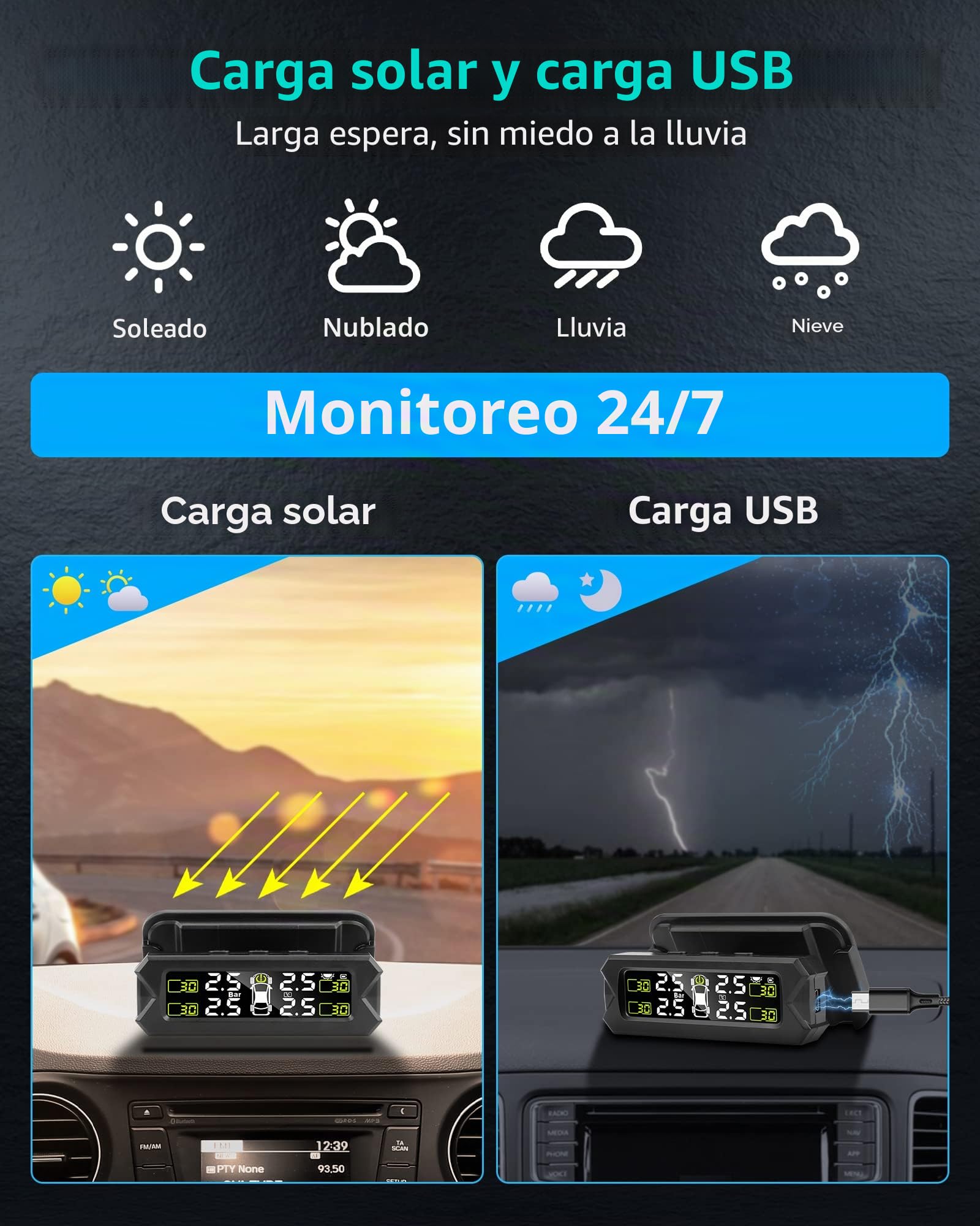 【Versión mejorada】TPMS Sistema de Control de Presión de los Neumáticos TPMS de 14-87 Psi Inalámbrico ángulo Ajustable con 4 Sensores Sistema de Control de Presión de los Neumáticos Automático