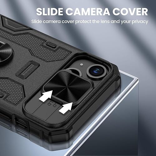 Miniatura 3 de VEGO Funda para iPhone 15, iPhone 15 Kickstand con cubierta deslizante para cámara y soporte de anillo giratorio de 360 integrado, funda magnética a