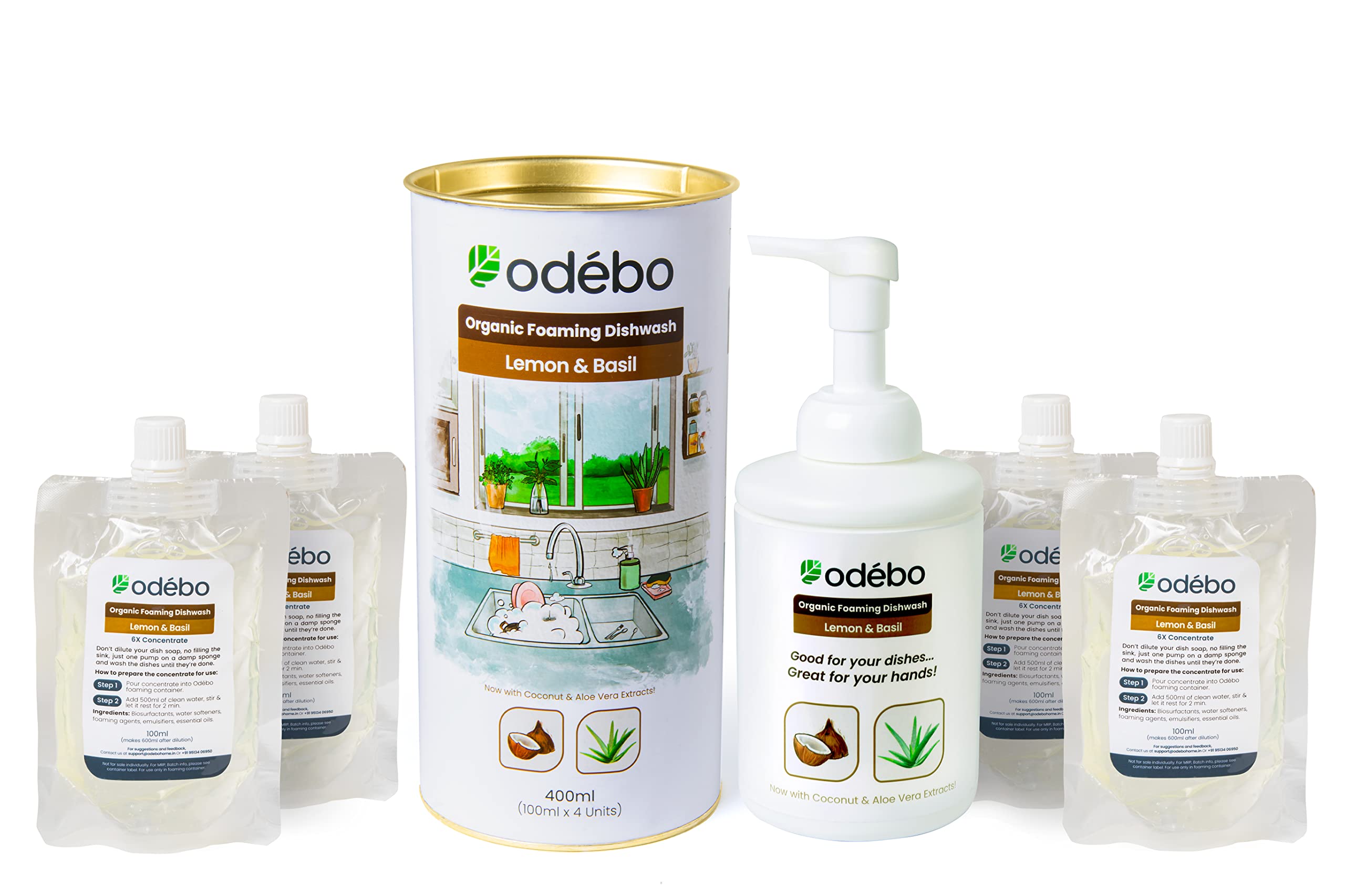 ODEBO Organic Foaming Dishwash | 6X Concentrate | Safer for Sensitive Skin | Powerful Odor Cleansing | Organic and Eco-Friendly | Unique Foaming Bottle | 4 Pack