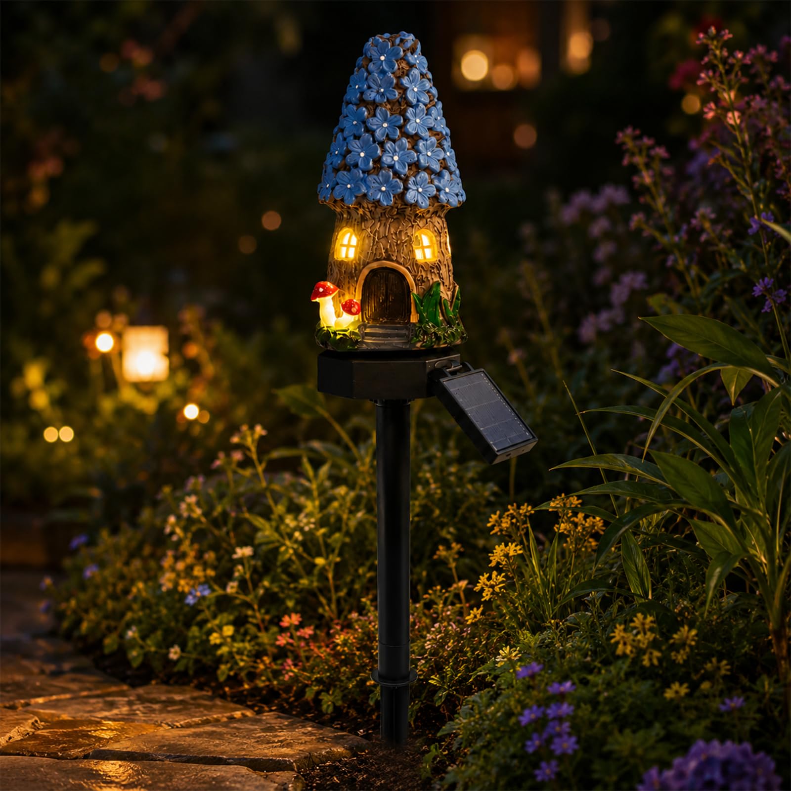 DVDVBOOM Solar Mushroom Cottage Garden Light, Fairy-Tale Solar Mushroom House Outside Decor, Waterproof LED Outdoor Landscape Pathway Light with Auto On/Off Dusk to Dawn.