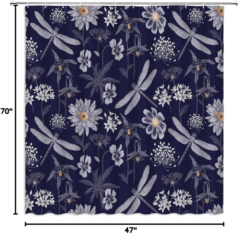 Dragonfly Floral Shower Curtain Boho Flower Leaves Wildflower Dragonflies Tropical Plant Botanical Vintage Abstract Navy Blue Fabric Bathroom Decor Curtains with Hooks,70 x 80