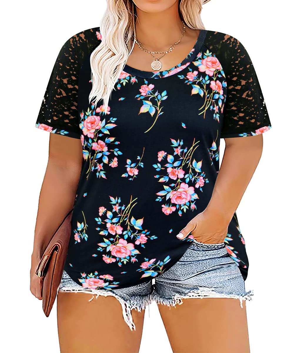 CARCOS Plus Size Tops for Women Short Sleeve Raglan Striped Tee Color Block Crewneck/V Neck Tunic Loose Fit Summer XL-5XL